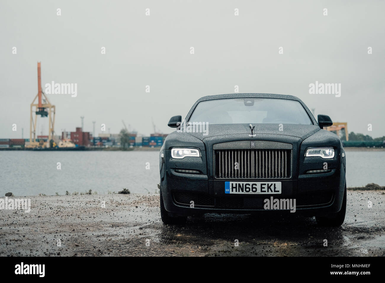 A 'Black Badge' special edition Rolls Royce Ghost is photographed at Rolls Royce press event in Riga - June 13, 2017 Stock Photo