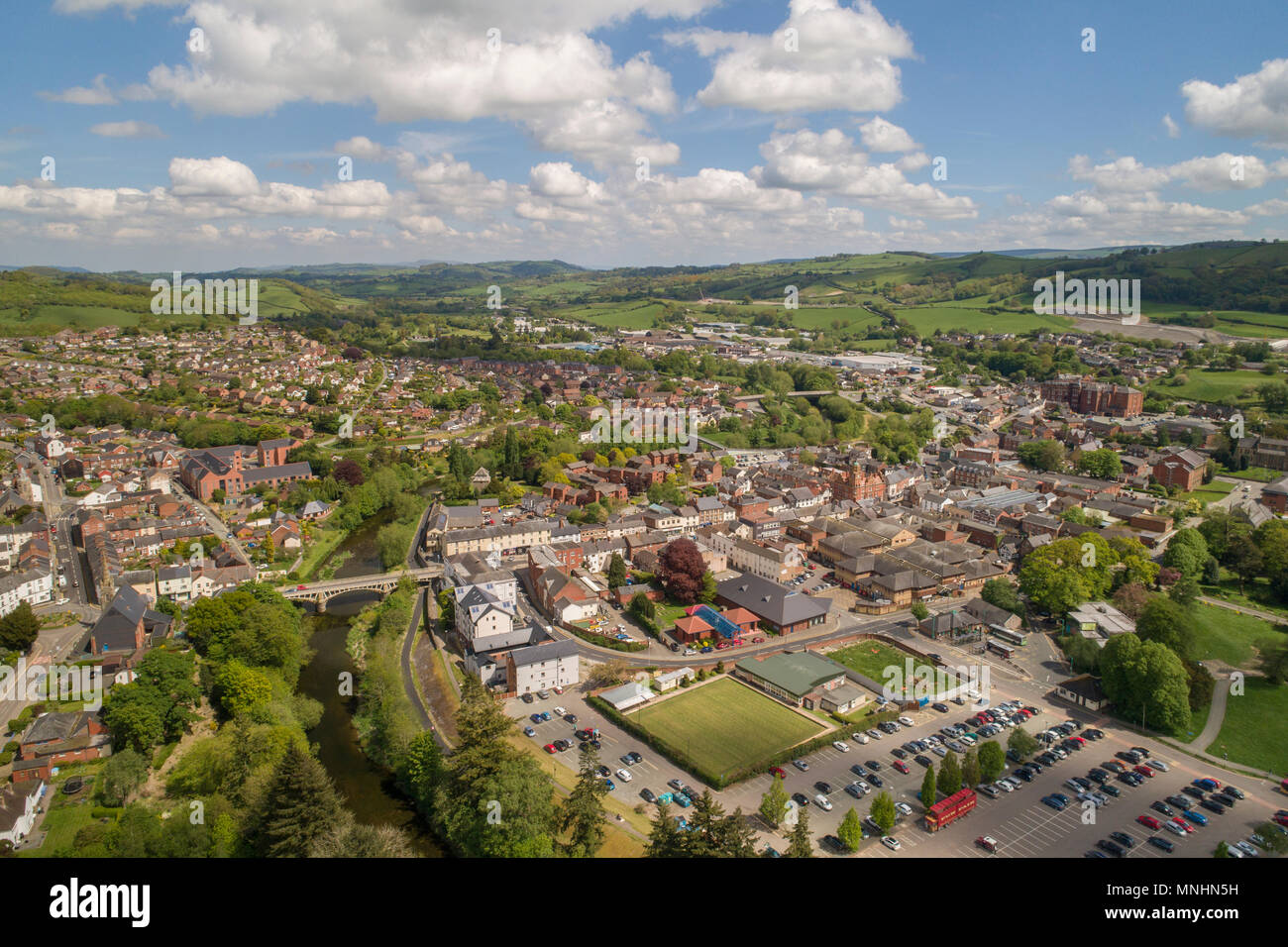 Aerial view of Newtown. Powys,Wales UK [made from a drone by a CAA licenced commercial operator] Stock Photo