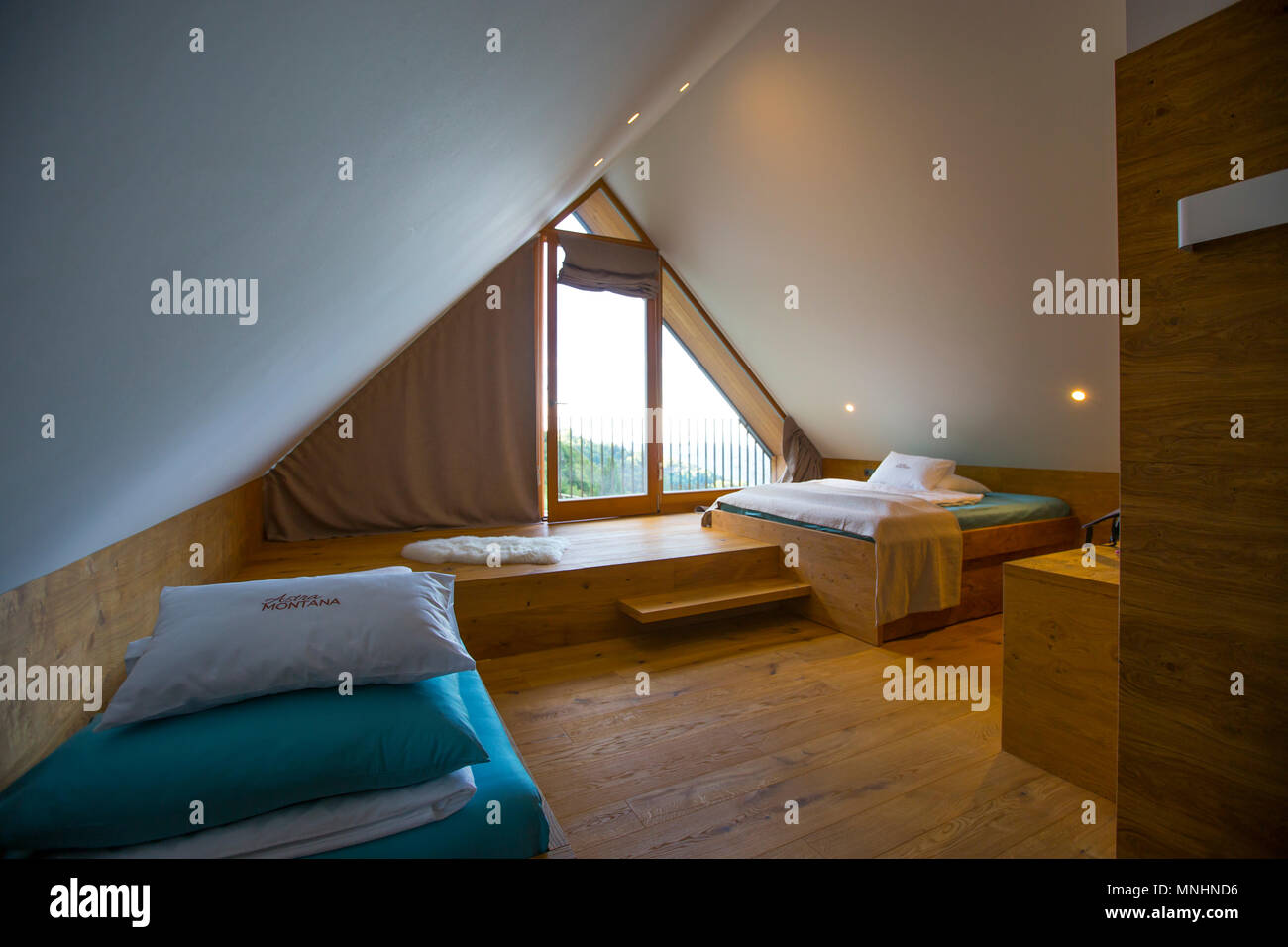 Interior of room in Astra Montana, remote mountain cabin above Soca valley in Triglav National Park, Poljubinj, Slovenia Stock Photo