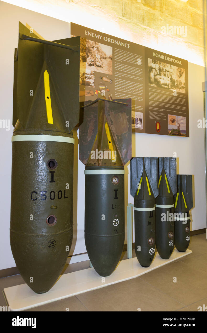 Display of bombs of various sizes used by axis countries Germany & Italy against Malta during World War II. The Malta at War Museum in Malta. (91) Stock Photo