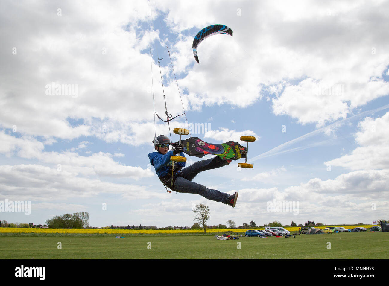 Extreme sport kite landboarding in Essex, UK.  Going airborne. Stock Photo