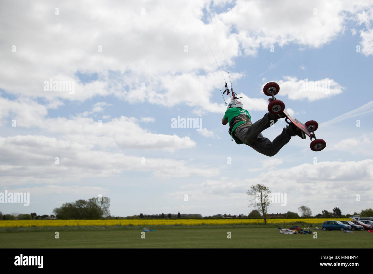 Extreme sport kite landboarding in Essex, UK.  Going airborne. Stock Photo