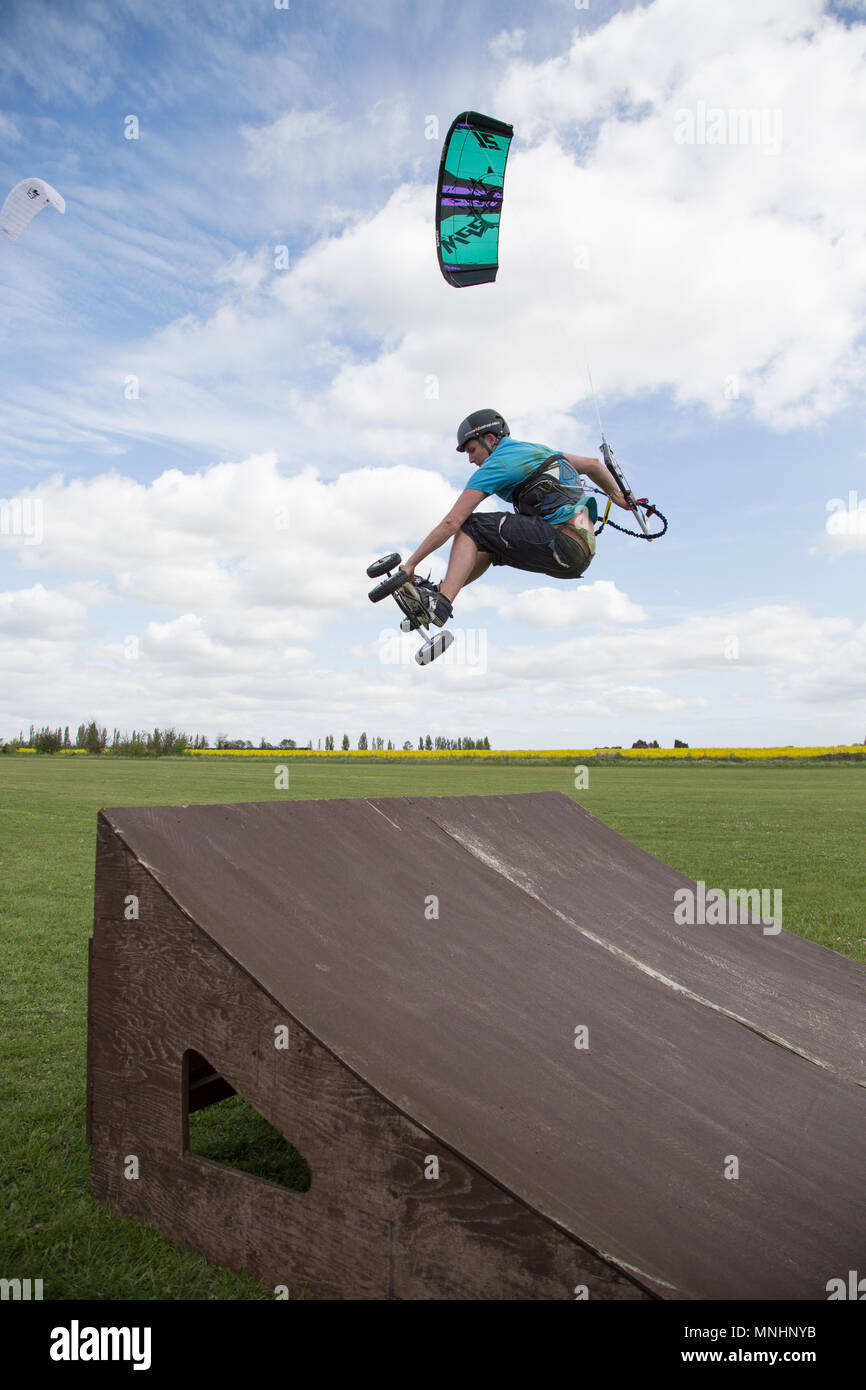Extreme sport kite landboarding, Essex, UK. Airborne jump. Stock Photo