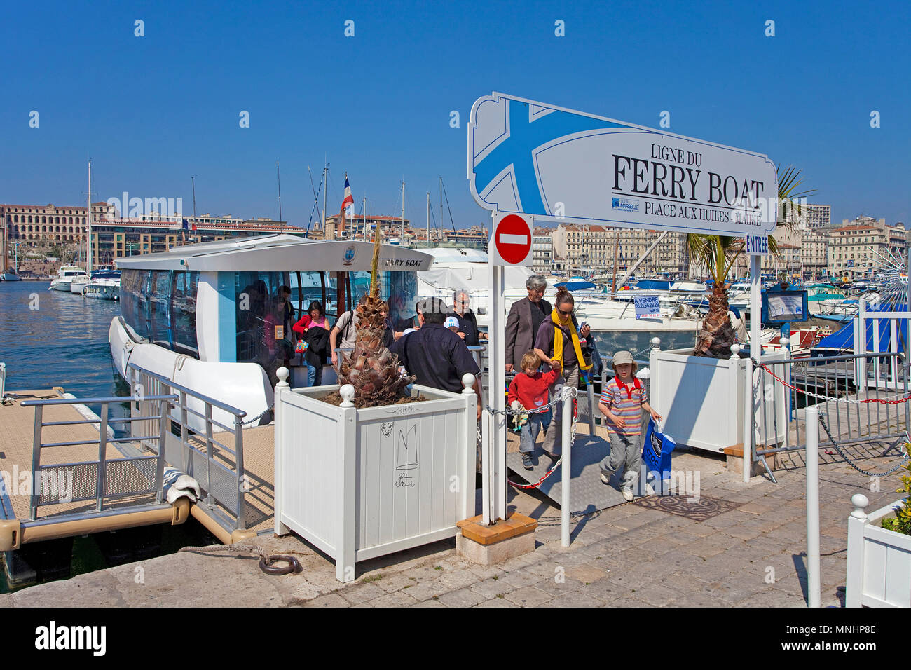 Ferry boat at harbour Vieux Port, Marseille, Bouches-du-Rhone, Provence-Alpes-Côte d’Azur, South France, France, Europe Stock Photo