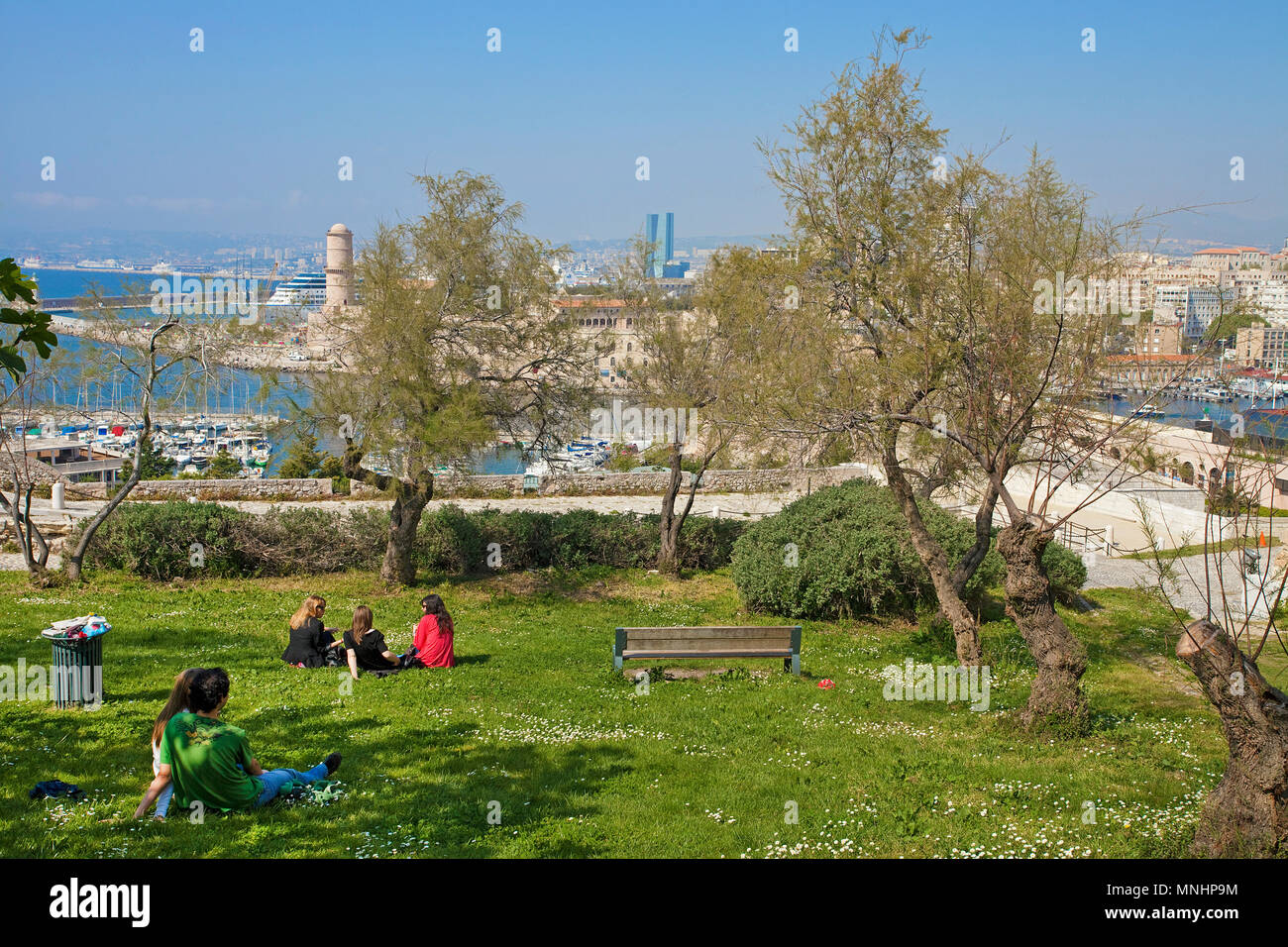 Jardin du Pharo, small park behind Fort Saint-Nicolas at old harbour Vieux Port, Marseille, Bouches-du-Rhone, Provence-Alpes-Côte d’Azur, South France Stock Photo