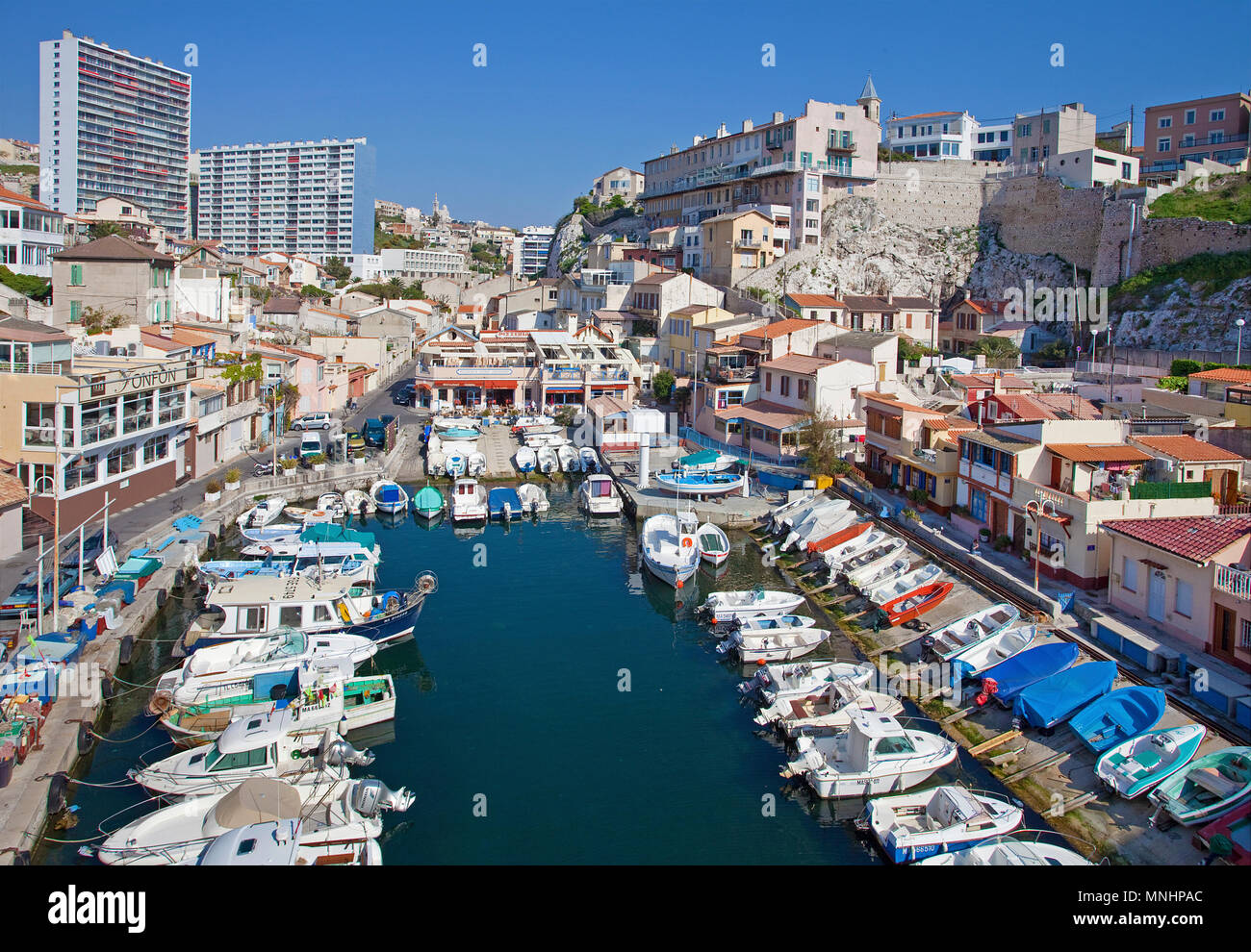 Vallon des Auffes, picturesque small fishing harbour at Marseille, Bouches-du-Rhone, Provence-Alpes-Côte d’Azur, South France, France, Europe Stock Photo