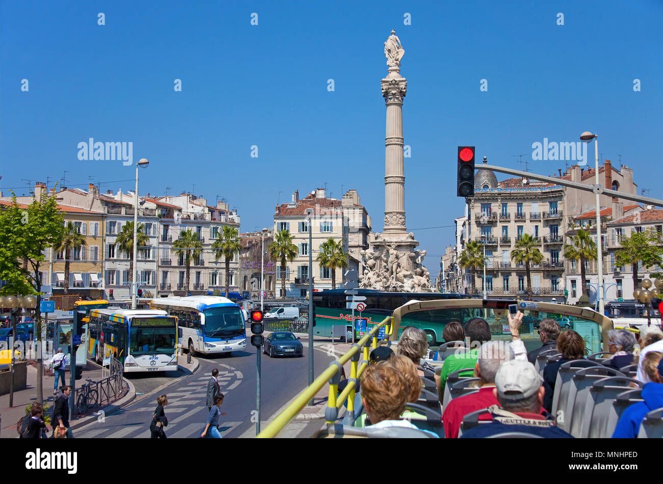 Sightsseing tour, tourists in a bus at place Catellane, Marseille, Bouches-du-Rhone, Provence-Alpes-Côte d’Azur, South France, France, Europe Stock Photo