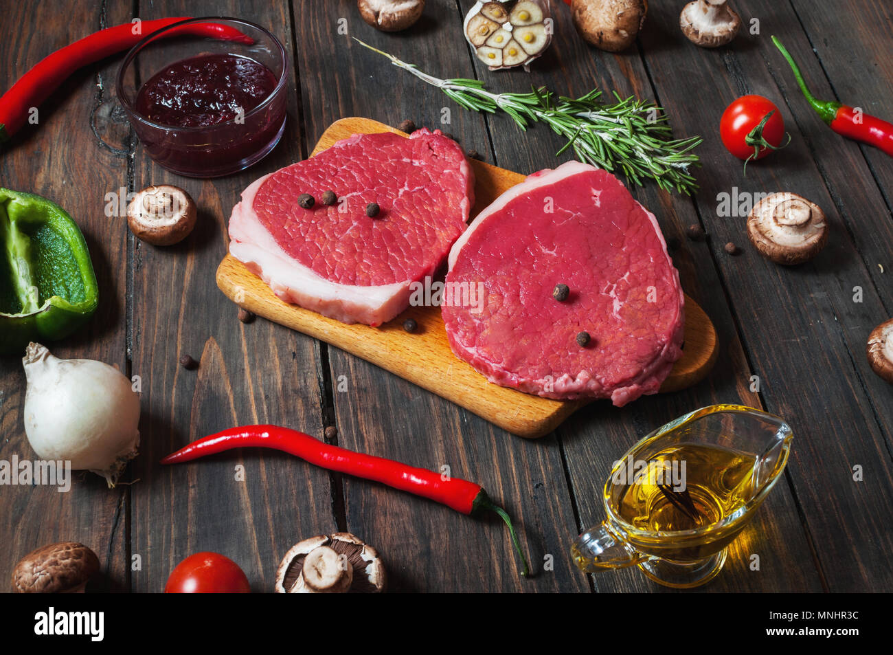 Ingredients for cooking healthy meat dinner. Raw uncooked beef rib eye