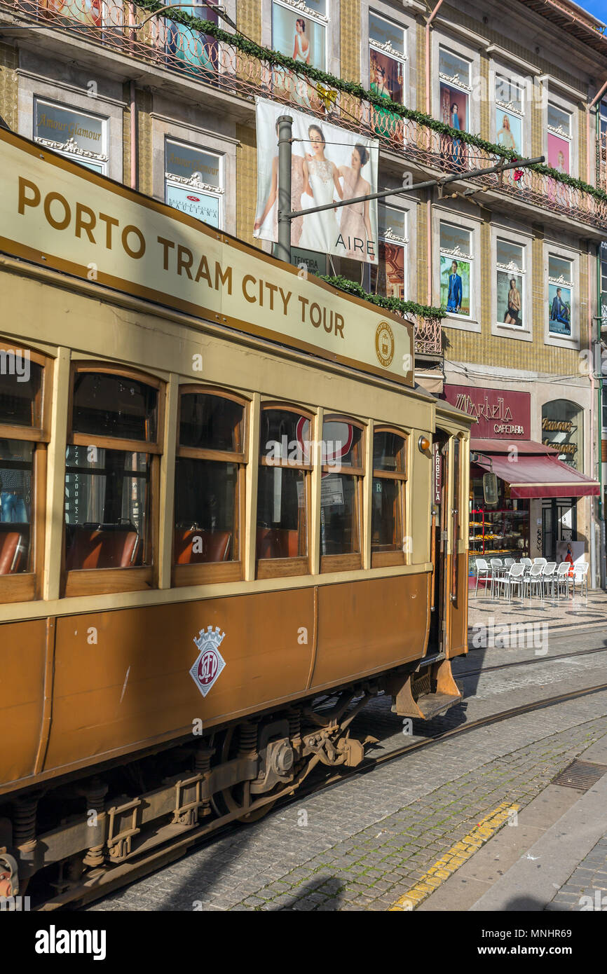 Porto, Portugal - January 15, 2018: Old tram in Porto, Portugal. Stock Photo