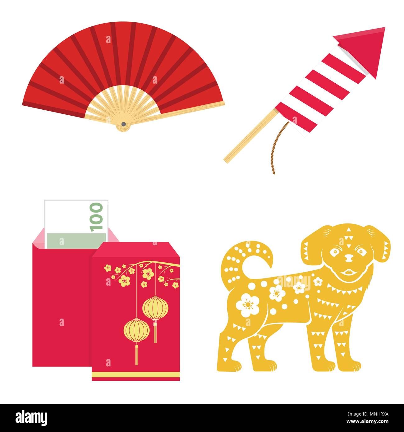Set of Chinese new year design elements. Vector illustration. Set include gold dog, red envelope, Chinese lantern with cherry and firework red rocket  Stock Vector