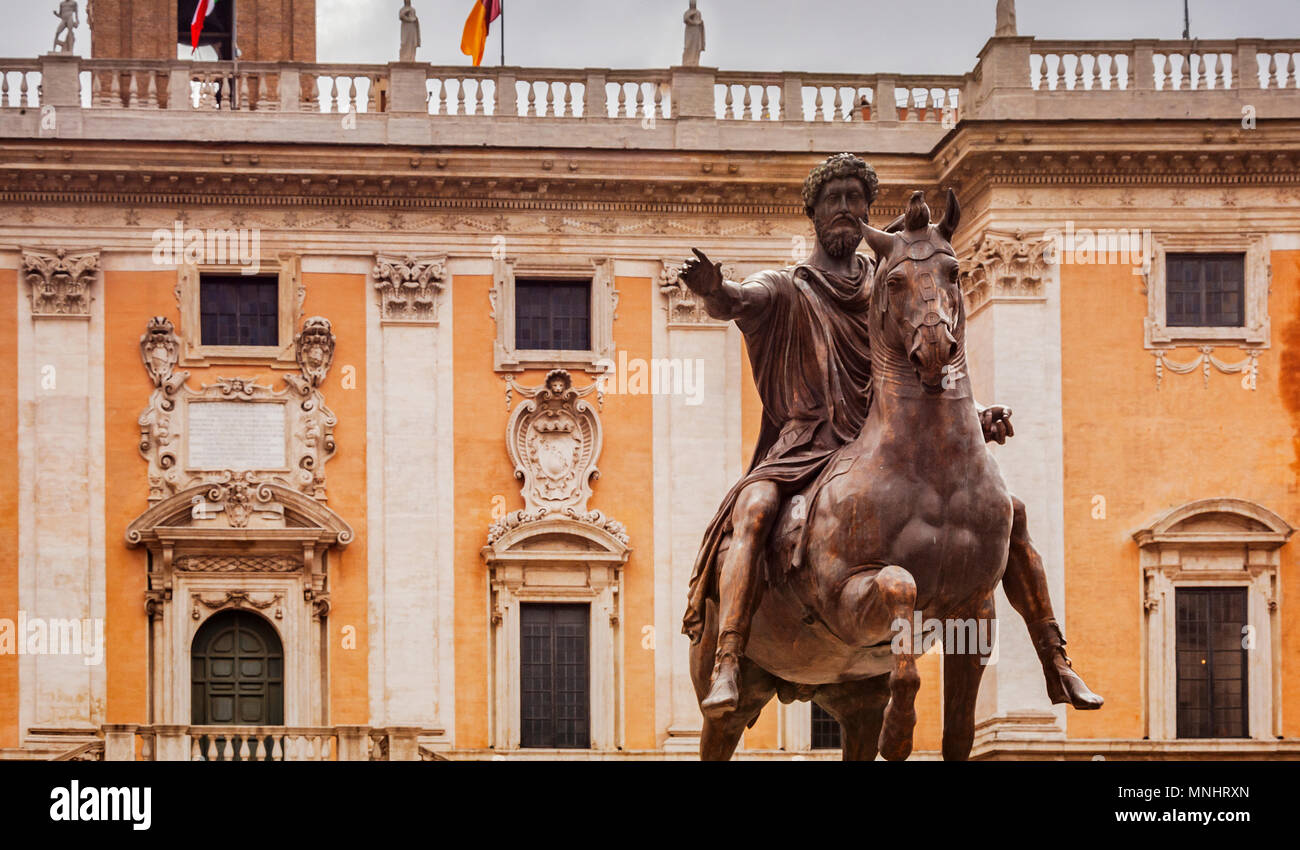 equestrian bronze statue of Marcus Aurelius in Piazza del Campidoglio in Rome Stock Photo