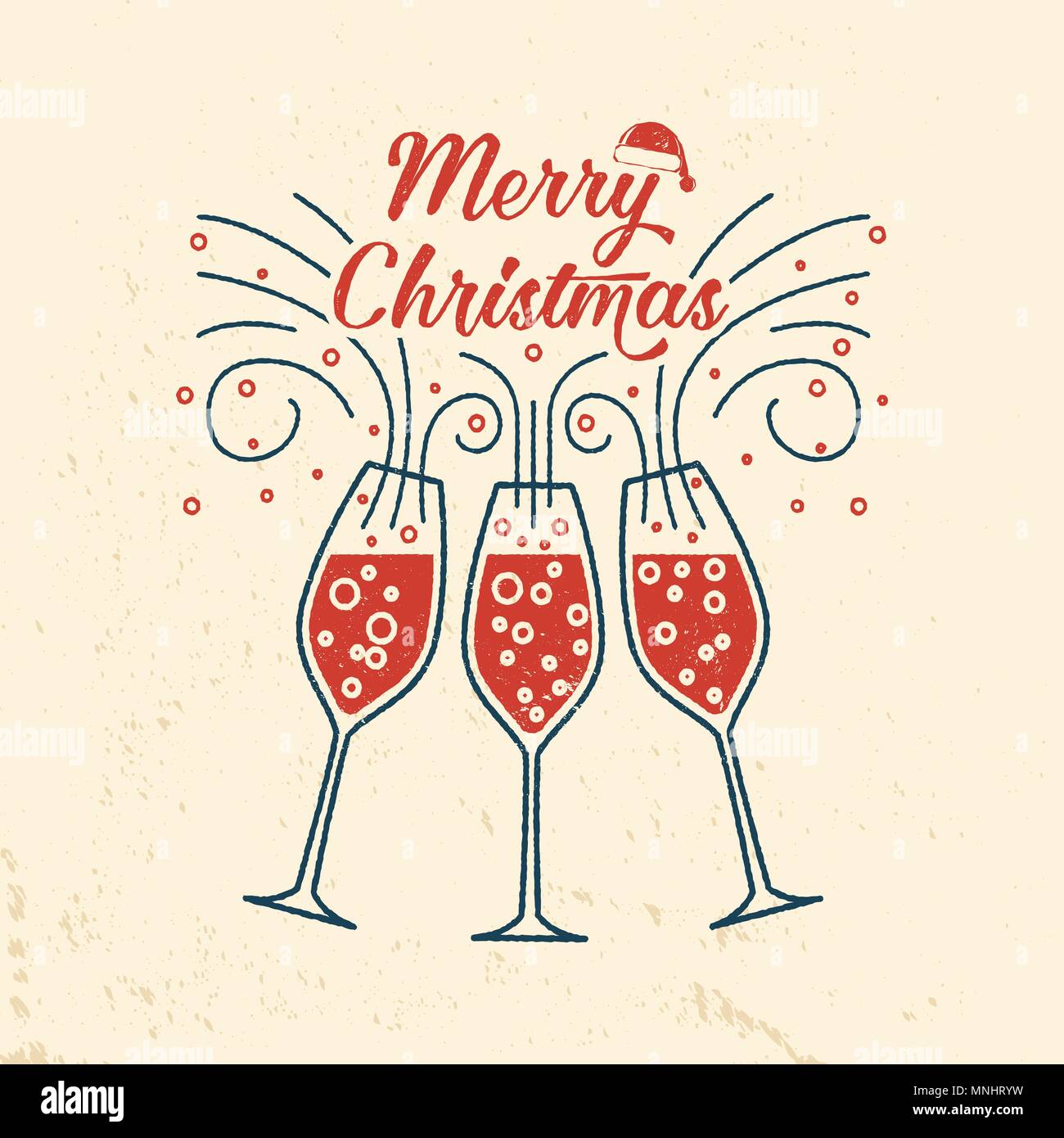 Merry Christmas retro template with Champagne glasses. Vector ...