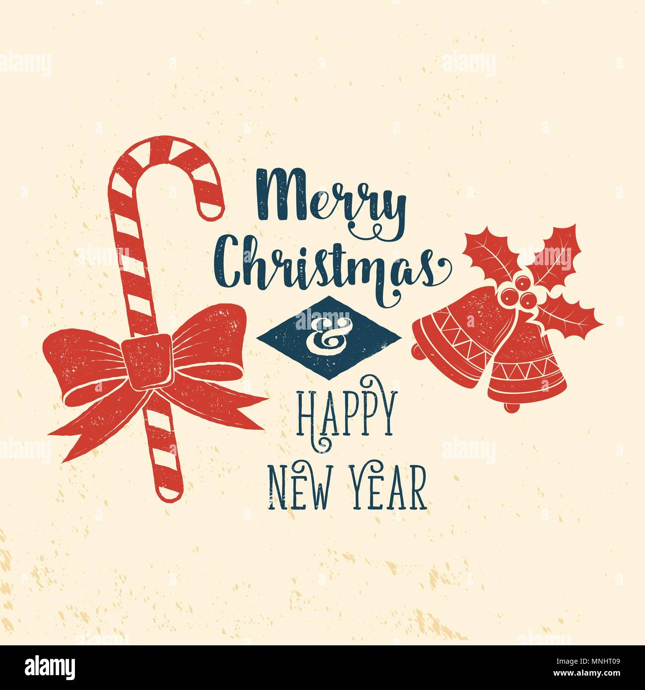 Wishing you very happy Xmas. Typography design. Vector illustration. Xmas retro badge with bells, ribbon and Christmas candy. Concept for shirt or log Stock Vector