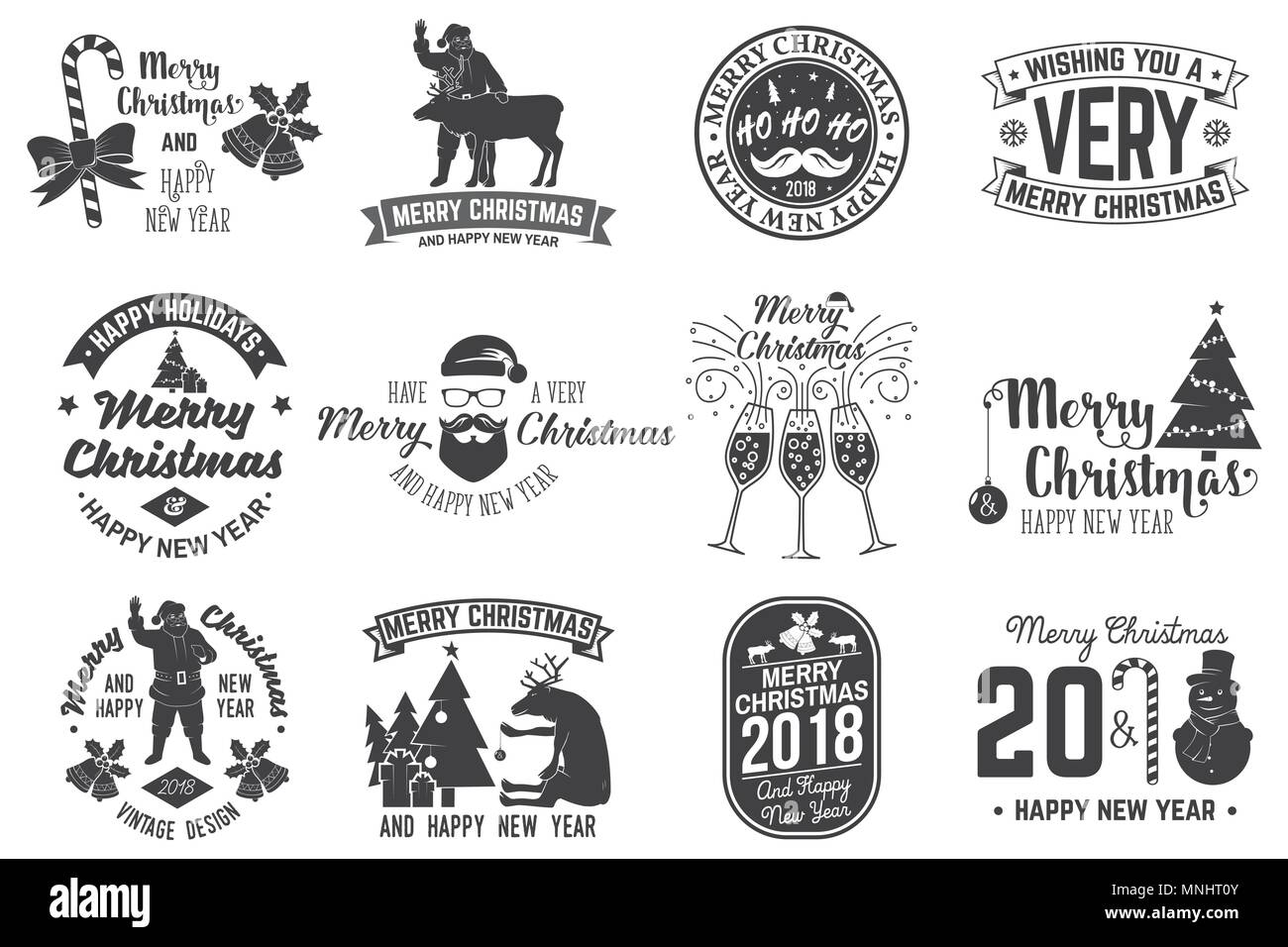 Merry Christmas and Happy New Year 2018 retro template with Santa Claus, Christmas tree, gifts and reindeer. Vector illustration. Xmas design for cong Stock Vector