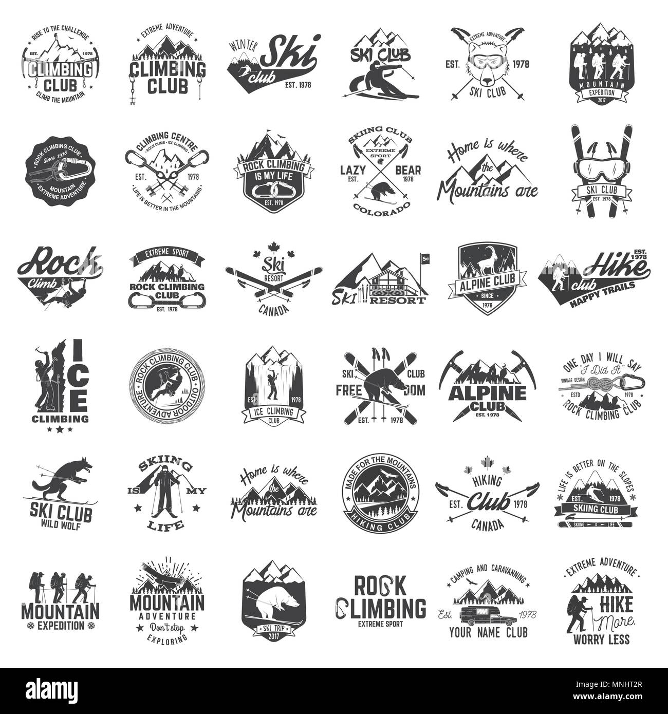 Rock and ice climbing,skiing, alpine and hiking club. Vector illustration. Set of vintage badges, labels, logos, silhouettes. Vintage typography colle Stock Vector