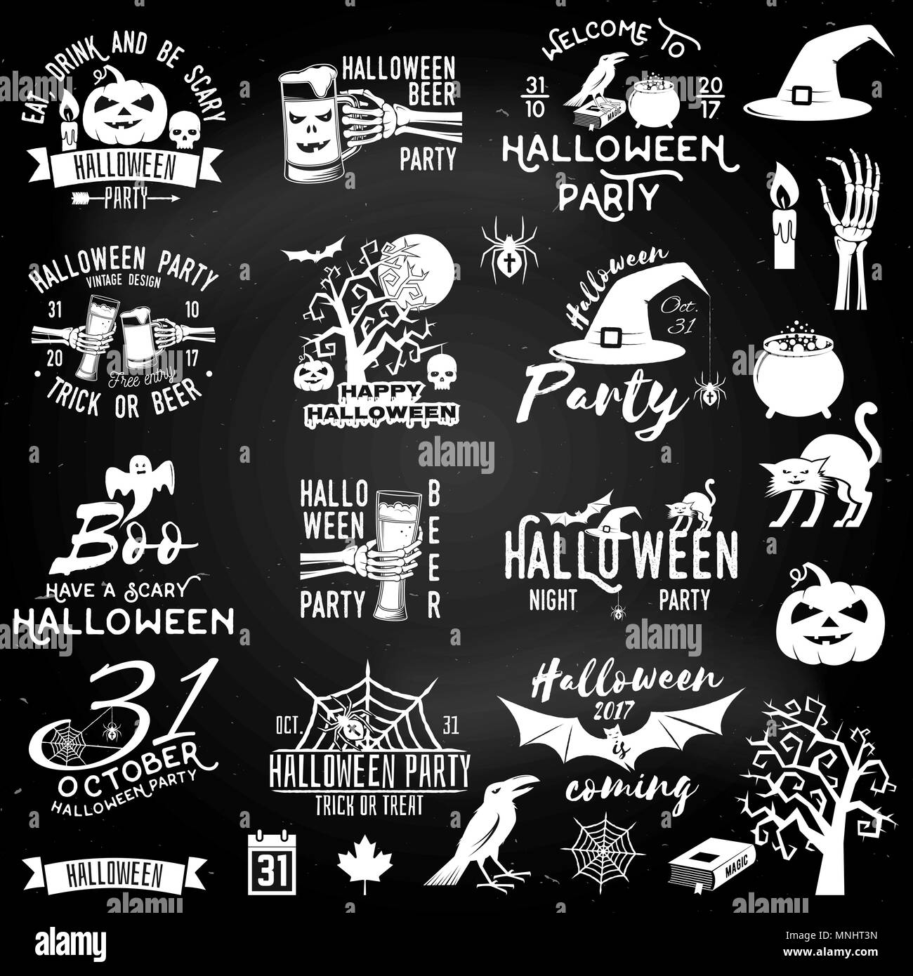 set of halloween party concept and design elements on the chalkboard templates