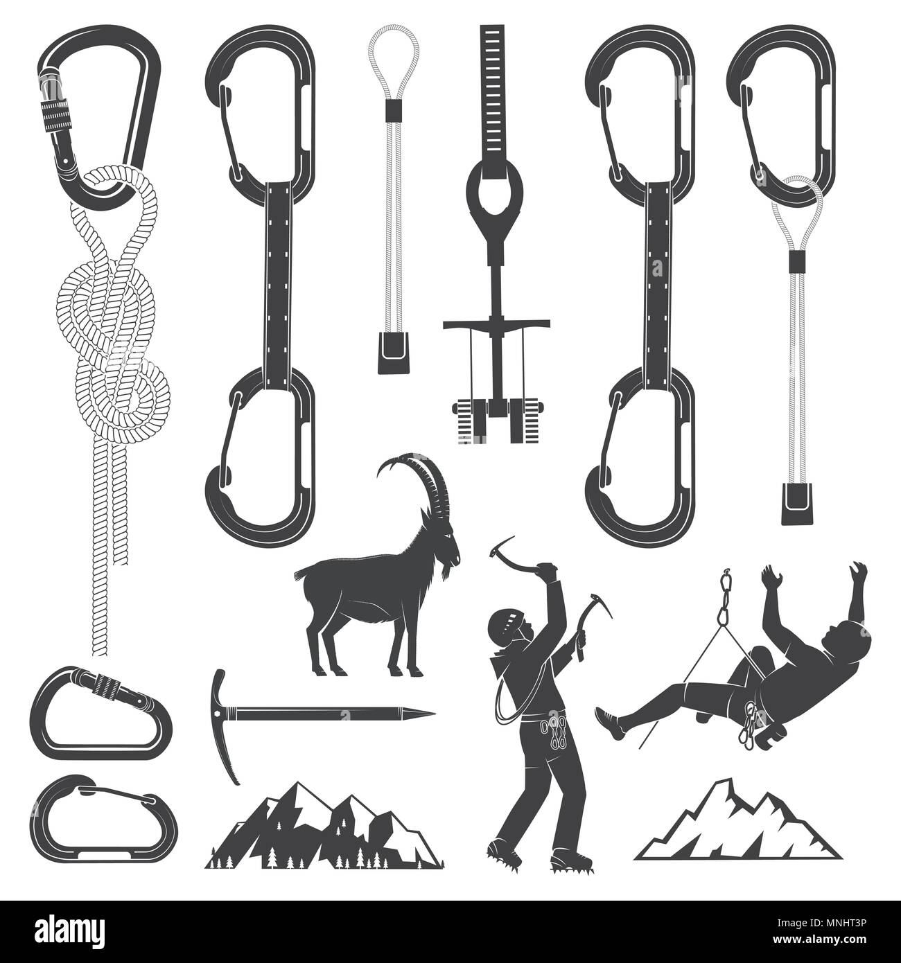 Set of Alpine Climbing Equipment silhouette icons. Set include ice axe, mountains, goat, camming devices, climbing hardware and carabiners. Equipment  Stock Vector
