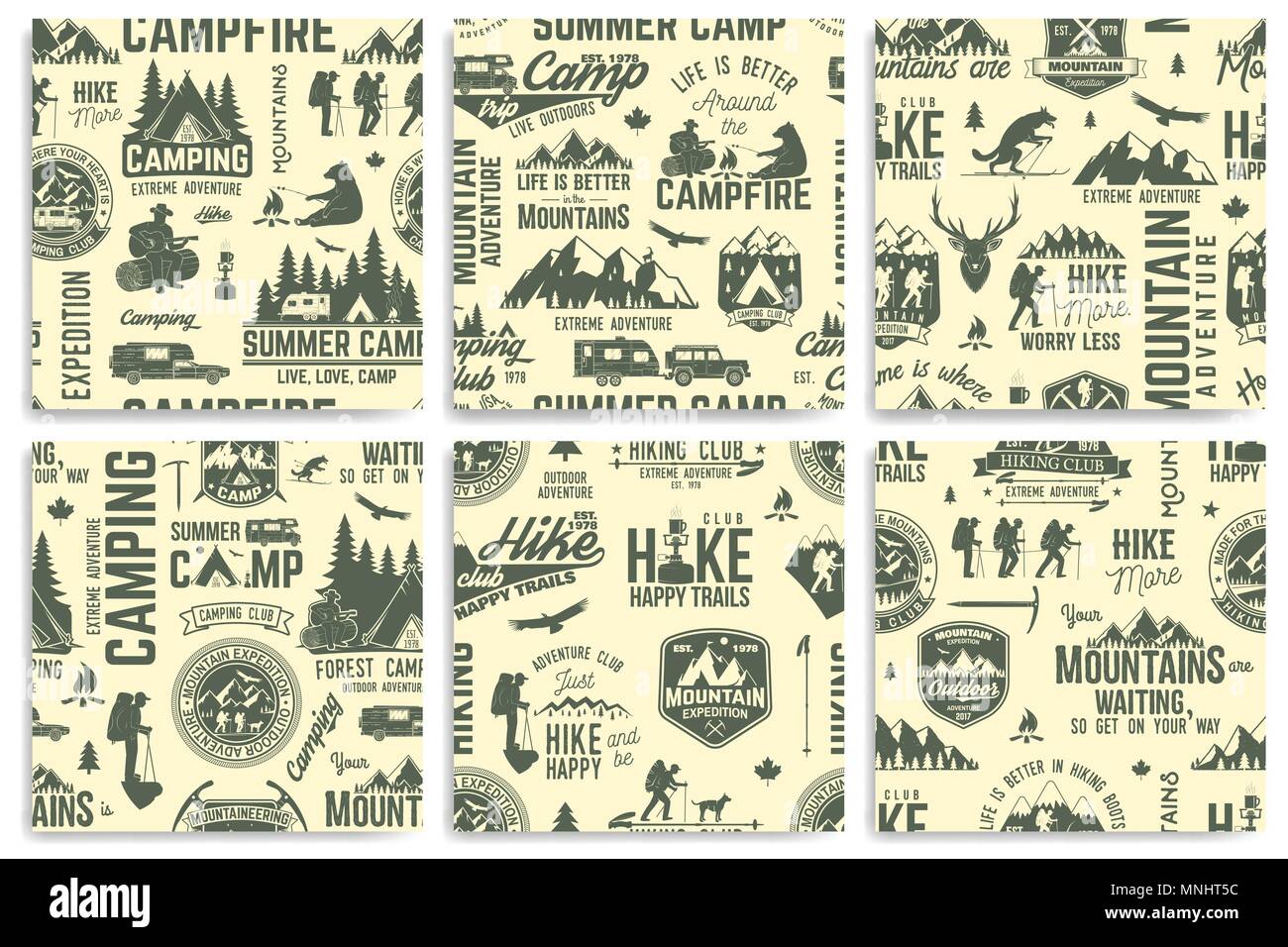 Summer camp and Hiking seamless pattern or background. Vector illustration. Retro typography design with rv trailer, tent, mountain, campfire, hiker a Stock Vector