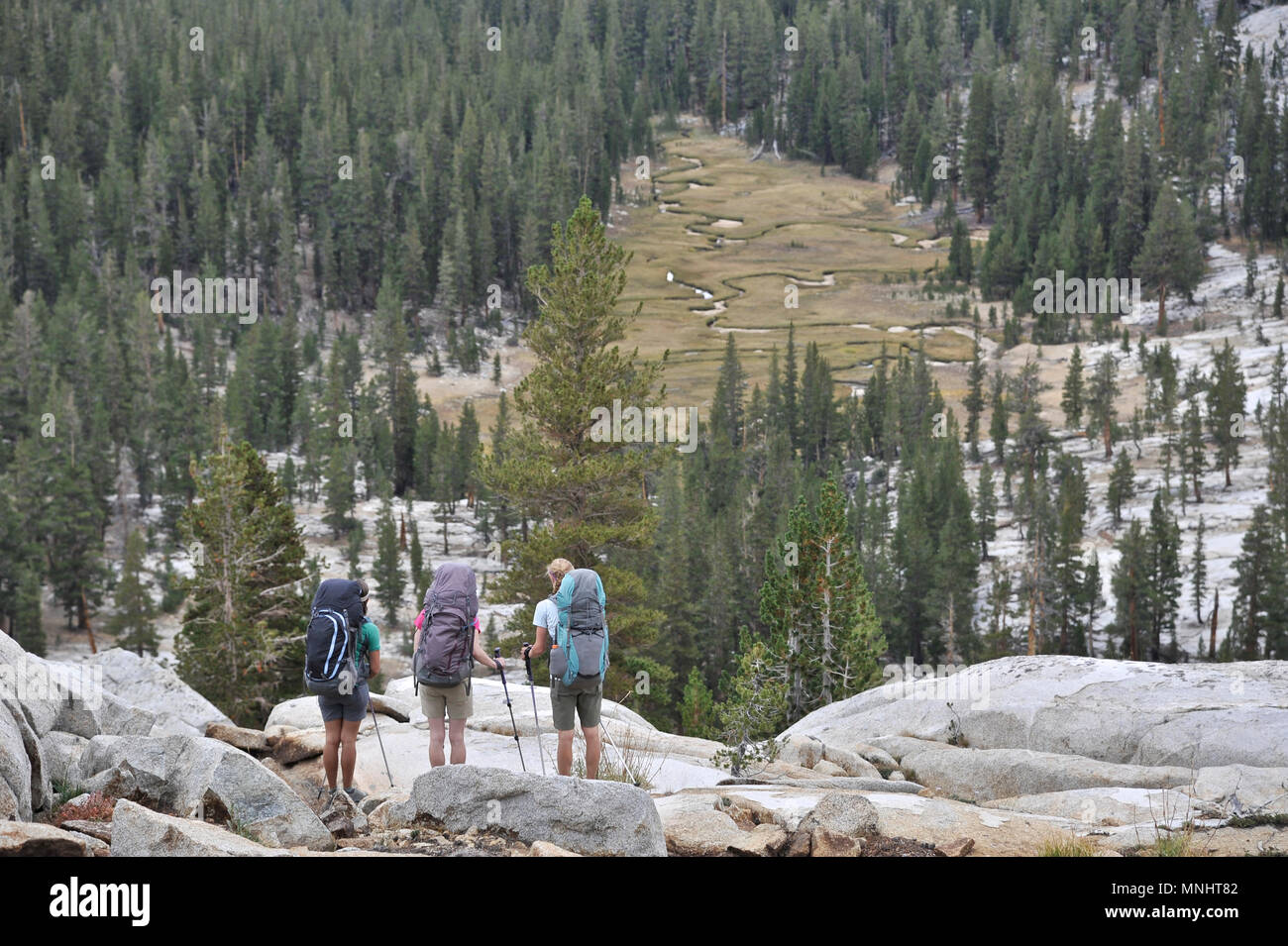 Backpackers hike down into Glacier Valley from Grouse Lake Pass on a two-week trek of the Sierra High Route in Kings Canyon National Park in California. The 200-mile route roughly parallels the popular John Muir Trail through the Sierra Nevada Range of California from Kings Canyon National Park to Yosemite National Park. Stock Photo