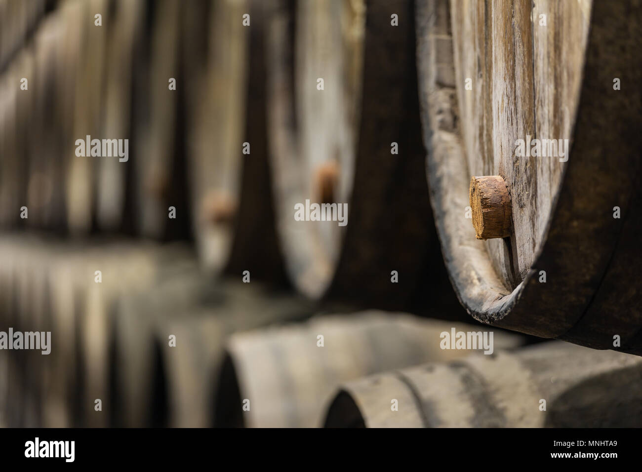 Row of wooden porto wine barrels in wine cellar Porto, Portugal. Stock Photo