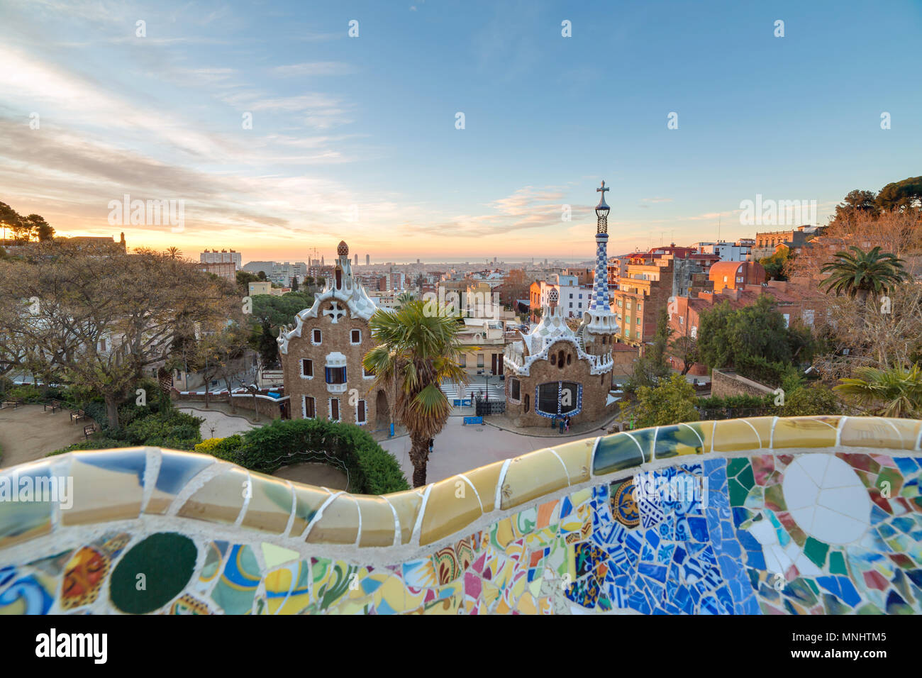 Sunrise view of the Park Guell designed by Antoni Gaudi, Barcelona, Spain. Stock Photo