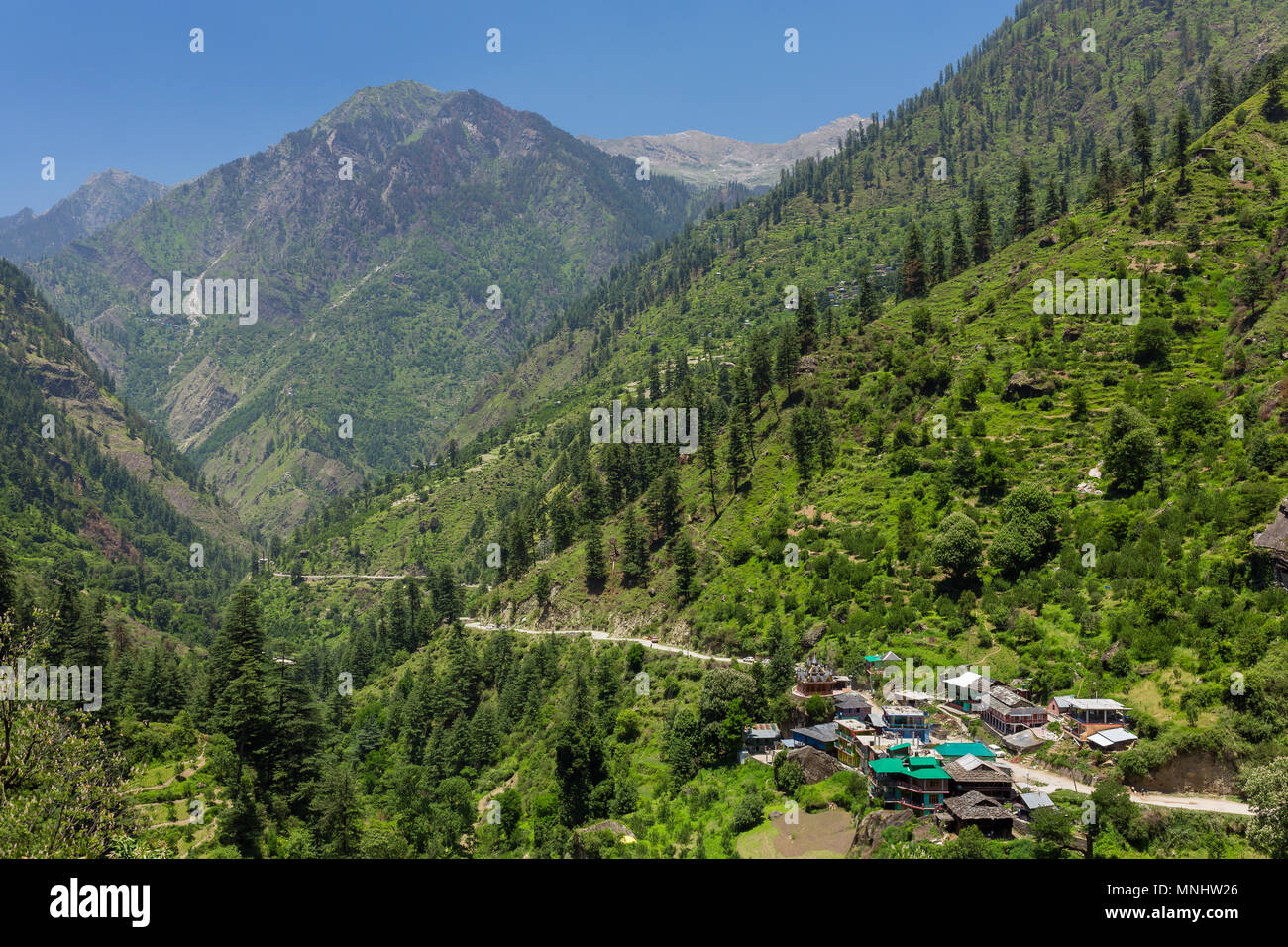 Tosh village in beautiful Parvati valley in Himachal Pradesh state, Northern India Stock Photo