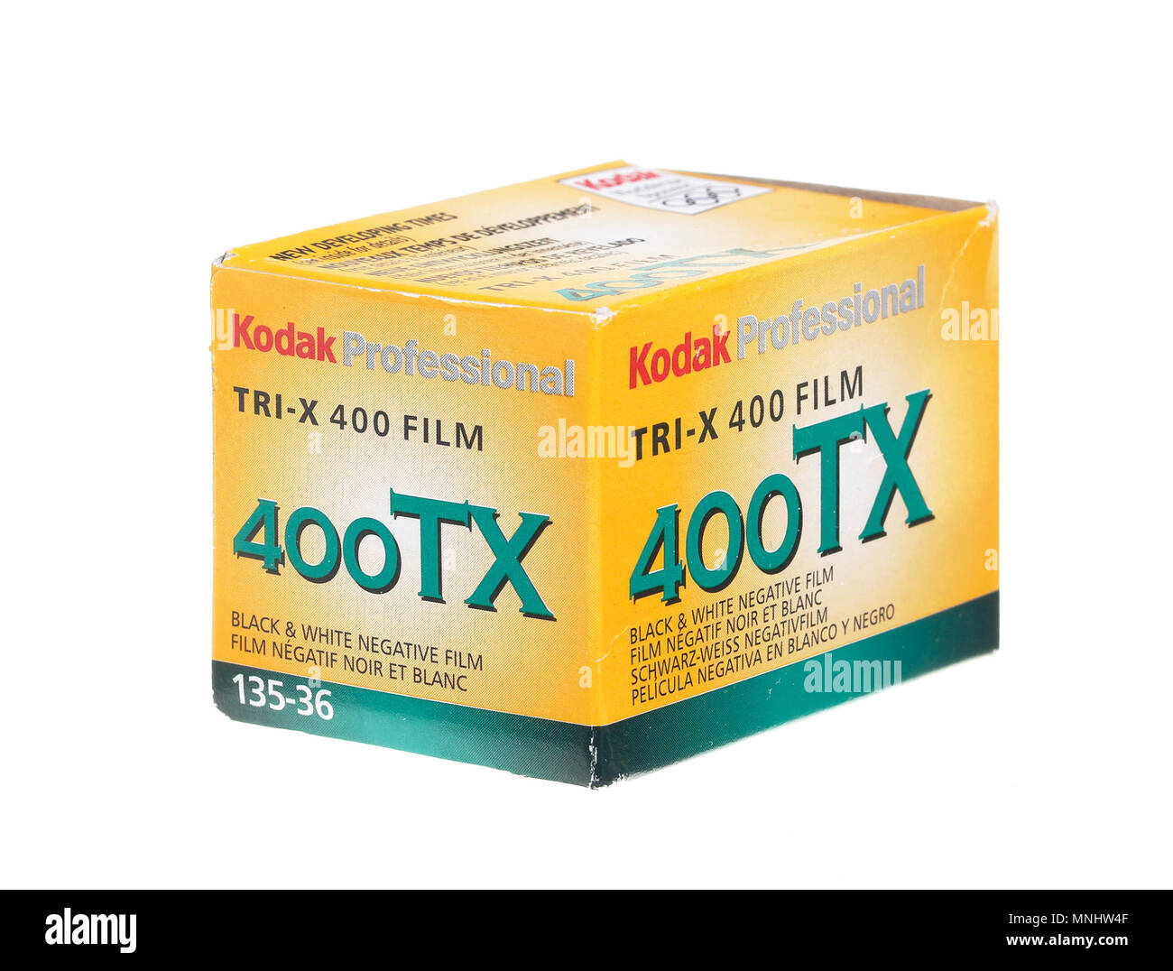An older film packaging from about 2002, with negative Kodak Tri-X B & W film ISO 400 for 36 exposures. Isolated on white background. Stock Photo
