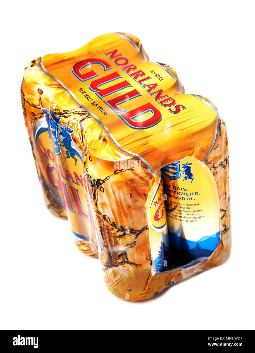 A laminated six-pack of Norrland gold beer (3.5% alcohol) from Spendrups breweries in Sweden. Stock Photo