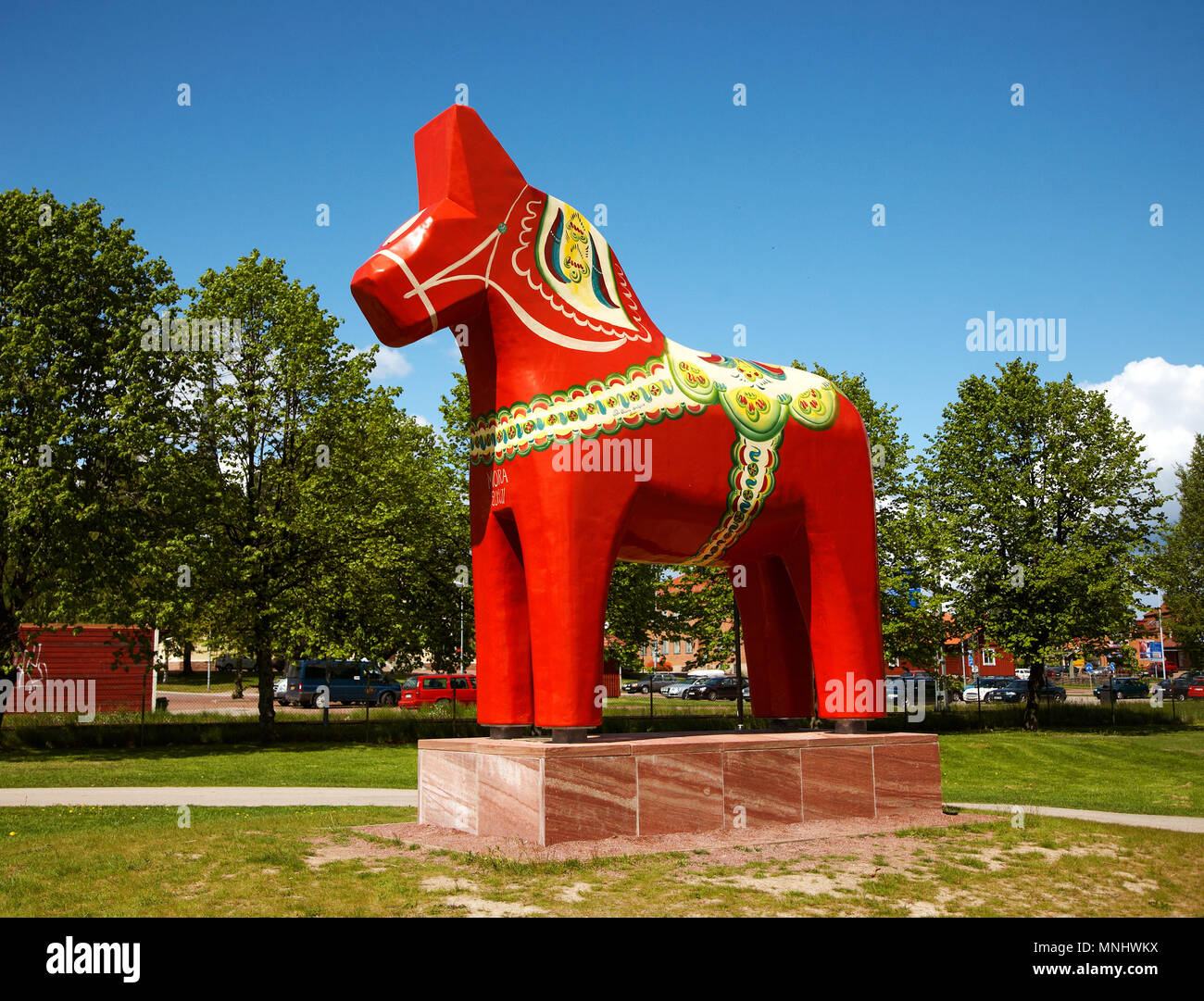 Mora, Sweden - June 7, 2012: A wood sculpture of a dalecarlian horse (wooden horse), traditionally painted and decorated. The dalecarlian horse is a s Stock Photo