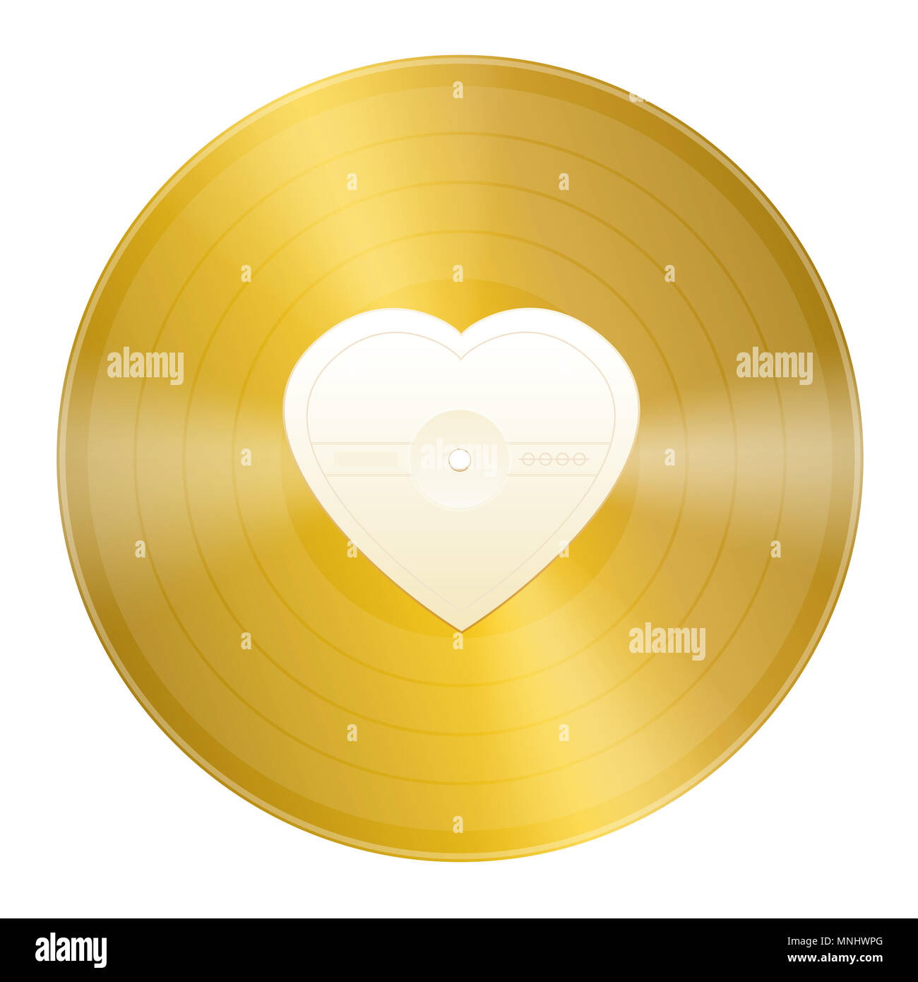 Gold record with blank heart shaped center to be labeled. Symbol for golden hits, gold beaters, old love songs or any musical message of love. Stock Photo