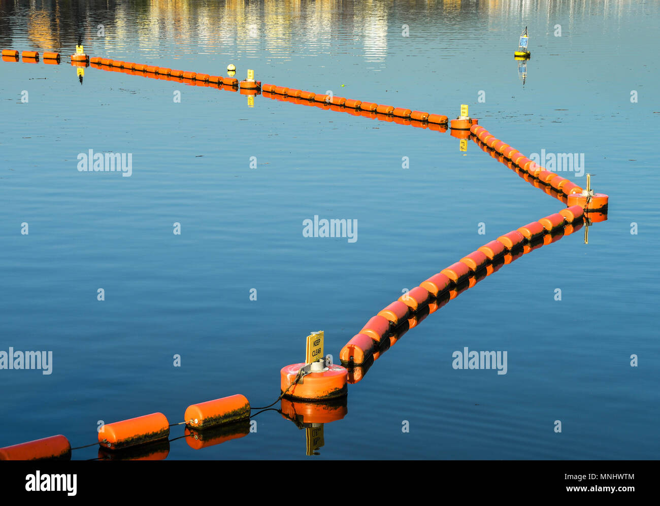 Bright orange floats in early morning light. They form a protective barrier in Cardiff Bay to keep boats away from the sluice gates on the barrage Stock Photo