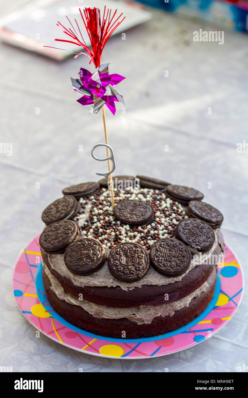 Oreo Biscuit Chocolate birthday cake, children, child , kid birthday party, buttercream cake oreos, childhood memories kids concept Stock Photo