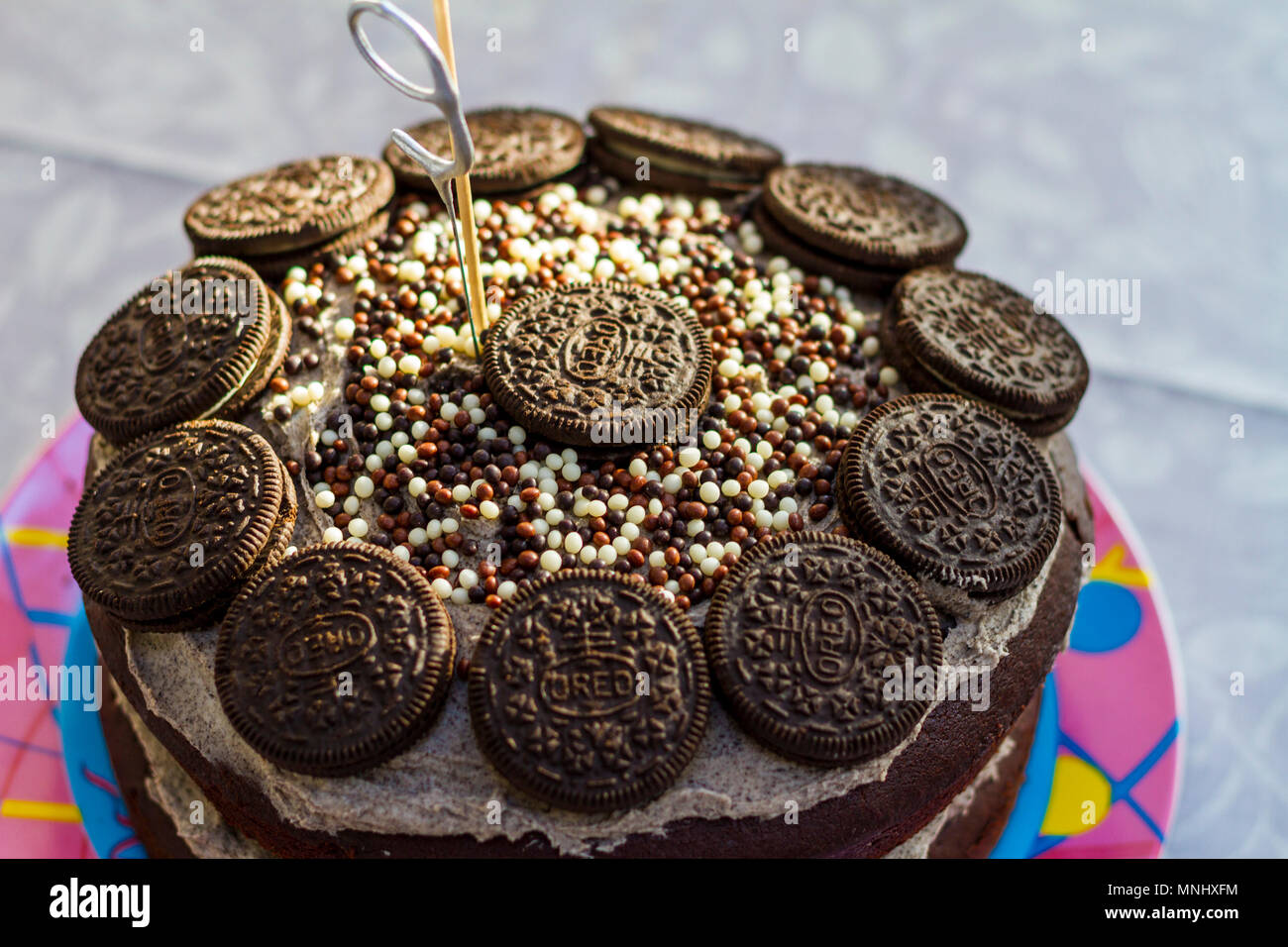 Oreo Biscuit Chocolate birthday cake, children, child , kid birthday party, buttercream cake oreos, childhood memories kids concept Stock Photo