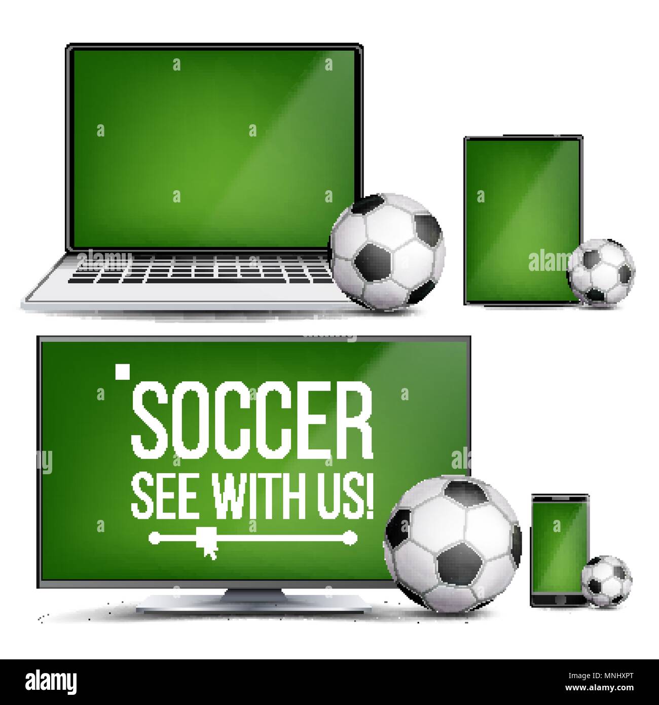 Soccer Application Vector. Field, Soccer Ball. Online Stream, Bookmaker, Sport Game App. Banner Design Element. Live Match