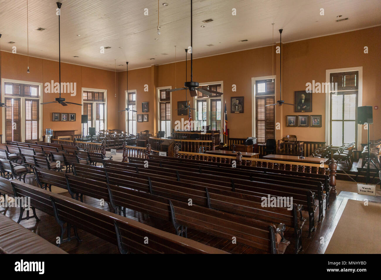 Historic District Courtroom in Leon County Courthouse located in Centerville Texas Stock Photo