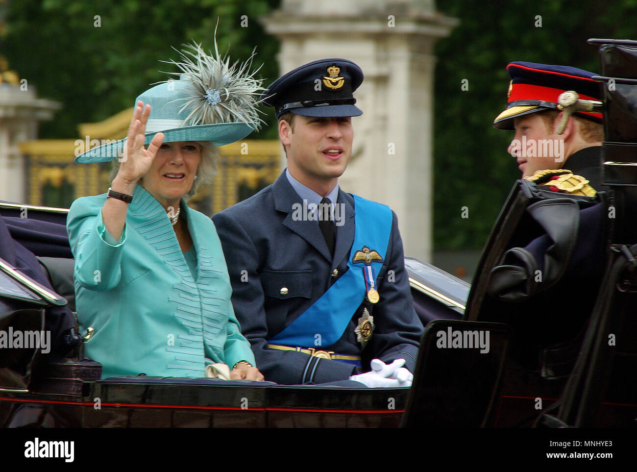Prince William in RAF Royal Air Force uniform, Duchess of Cornwall Camilla and Prince Harry Wales in carriage during Trooping the Colour, London Stock Photo