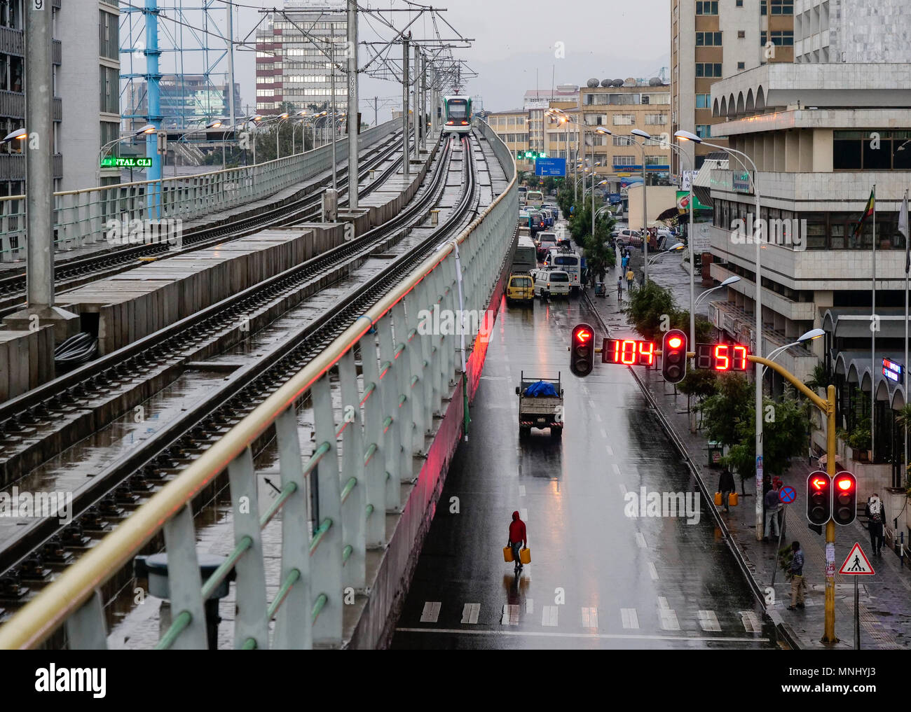 ETHIOPIA , Addis Ababa, LRT Light rail transport, green line, build by chinese company  / AETHIOPIEN, Addis Abeba, Stadtbahn Linie, gebaut durch chinesische Firma Stock Photo