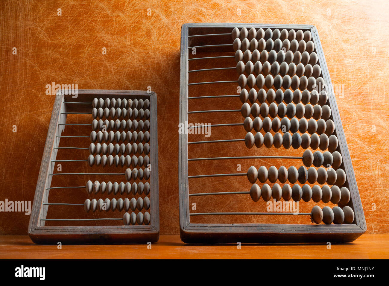 Two old retro calkulators. Two abacus. Stock Photo