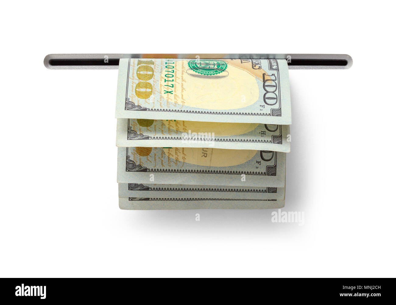 Hundred Dollar Bills Comming out a ATM Slot Isolated on White Background. Stock Photo
