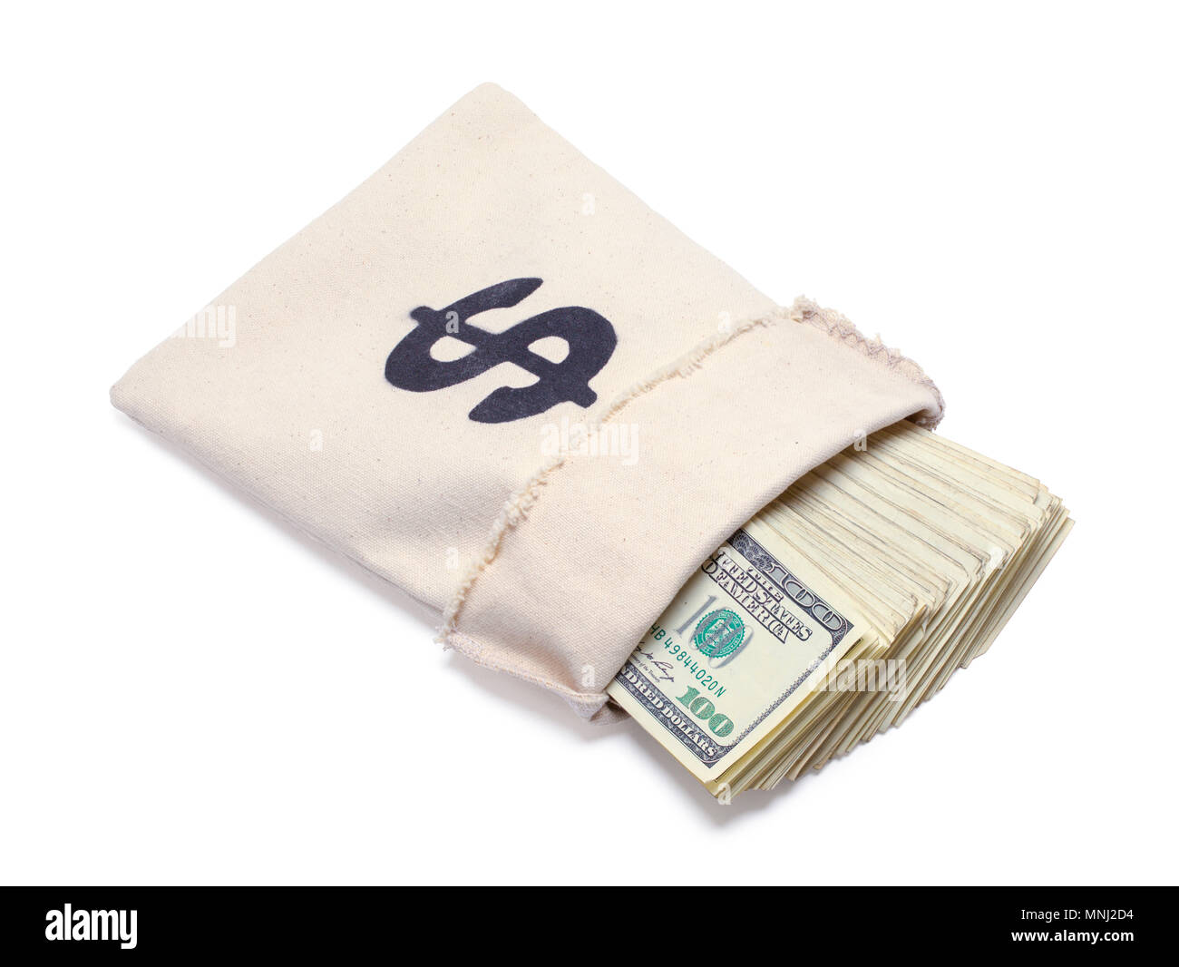 Bank Bag With Money Spilling Out Isolated on White. Stock Photo