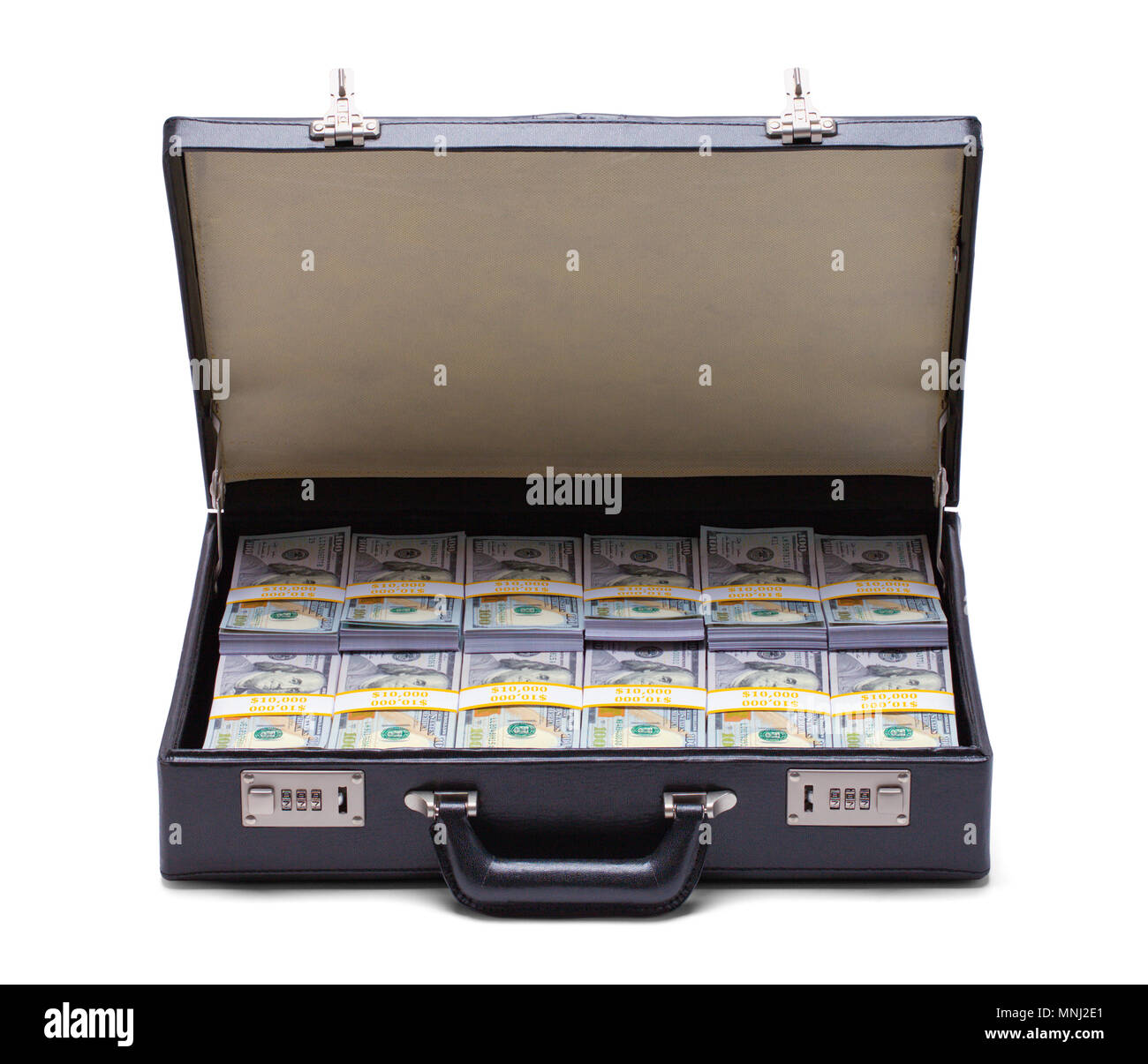 Black Briefcase Full of Money Front View Isolated on a White Background. Stock Photo