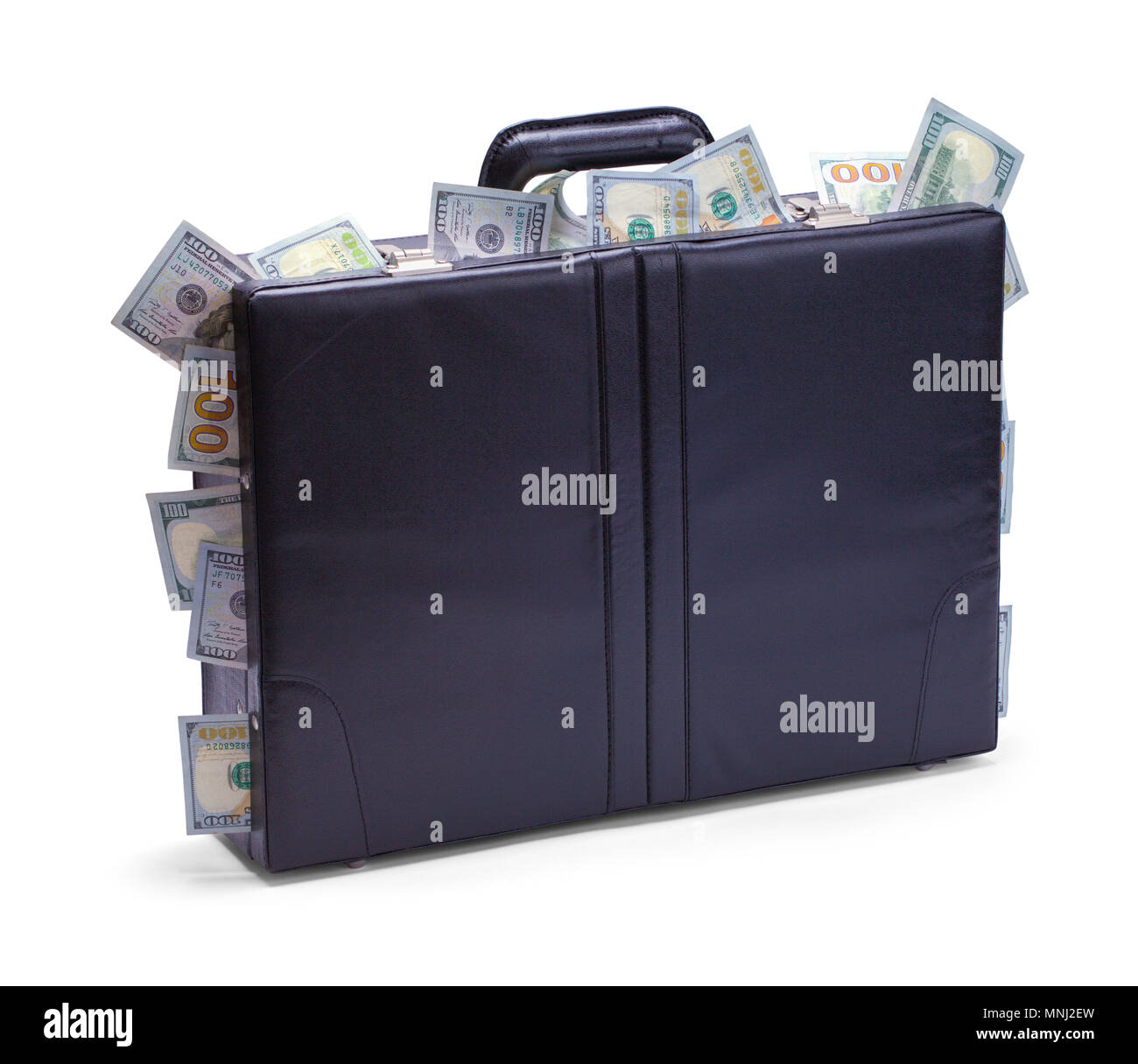 Black Briefcase with Cash Sticking Out Isolated on a White Background. Stock Photo