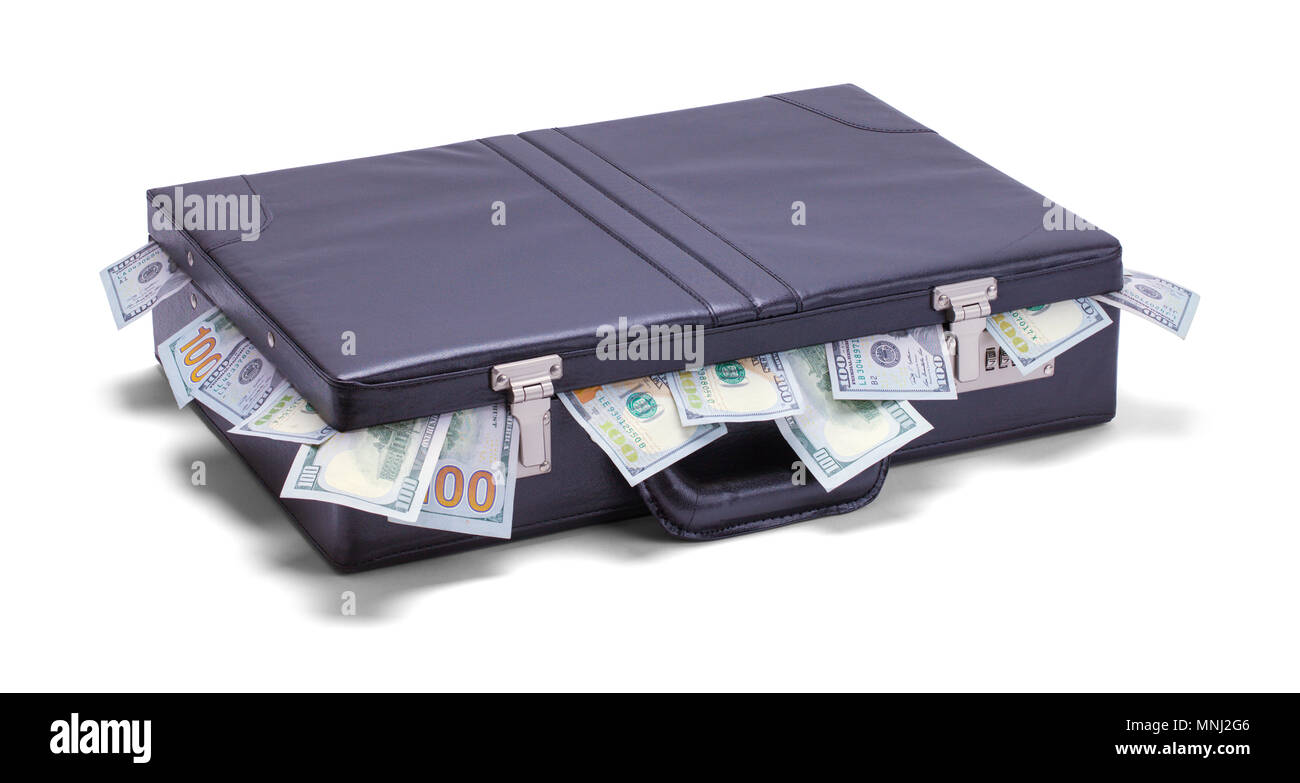 Black Briefcase Stuffed with Cash Isolated on a White Background. Stock Photo