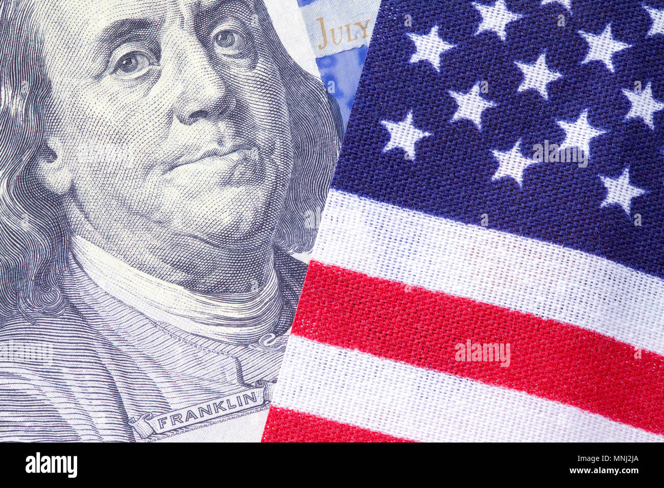 United States Flag with One Hundred Dollar Bill. Stock Photo