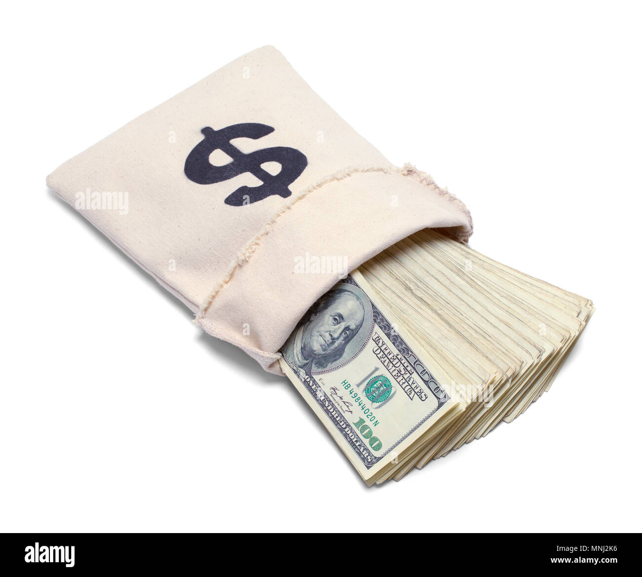 Bank Bag With Cash Spilling Out Isolated on White. Stock Photo
