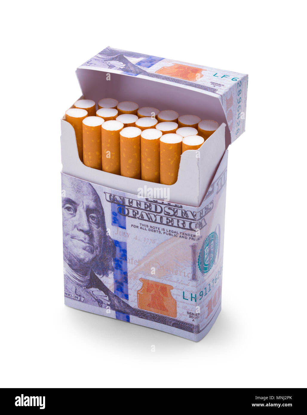 Money Pack of Cigarettes Isolated on a White Background. Stock Photo
