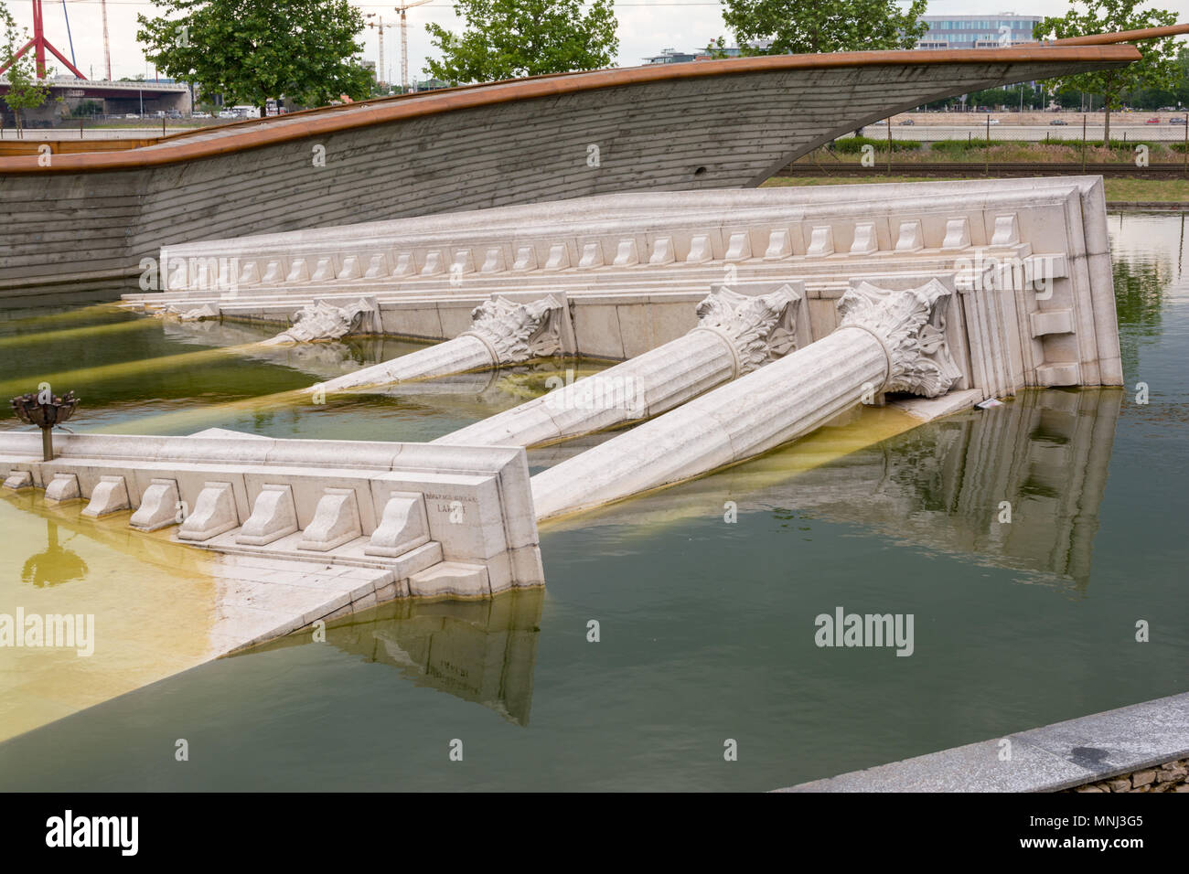 BUDAPEST, HUNGARY - MAY 17, 2018: Fake ancient greek ruins at National theater at Budapest, Hungary. Can be found in the park front of the theater. Stock Photo