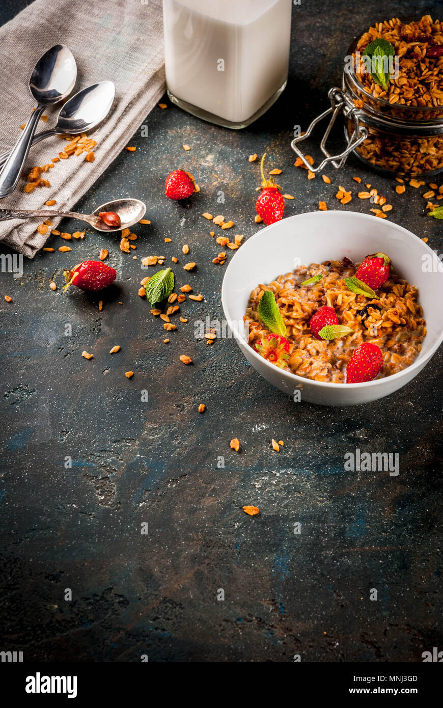 Homemade granola from mix of cereals (barley, oat, rye, bran) with with