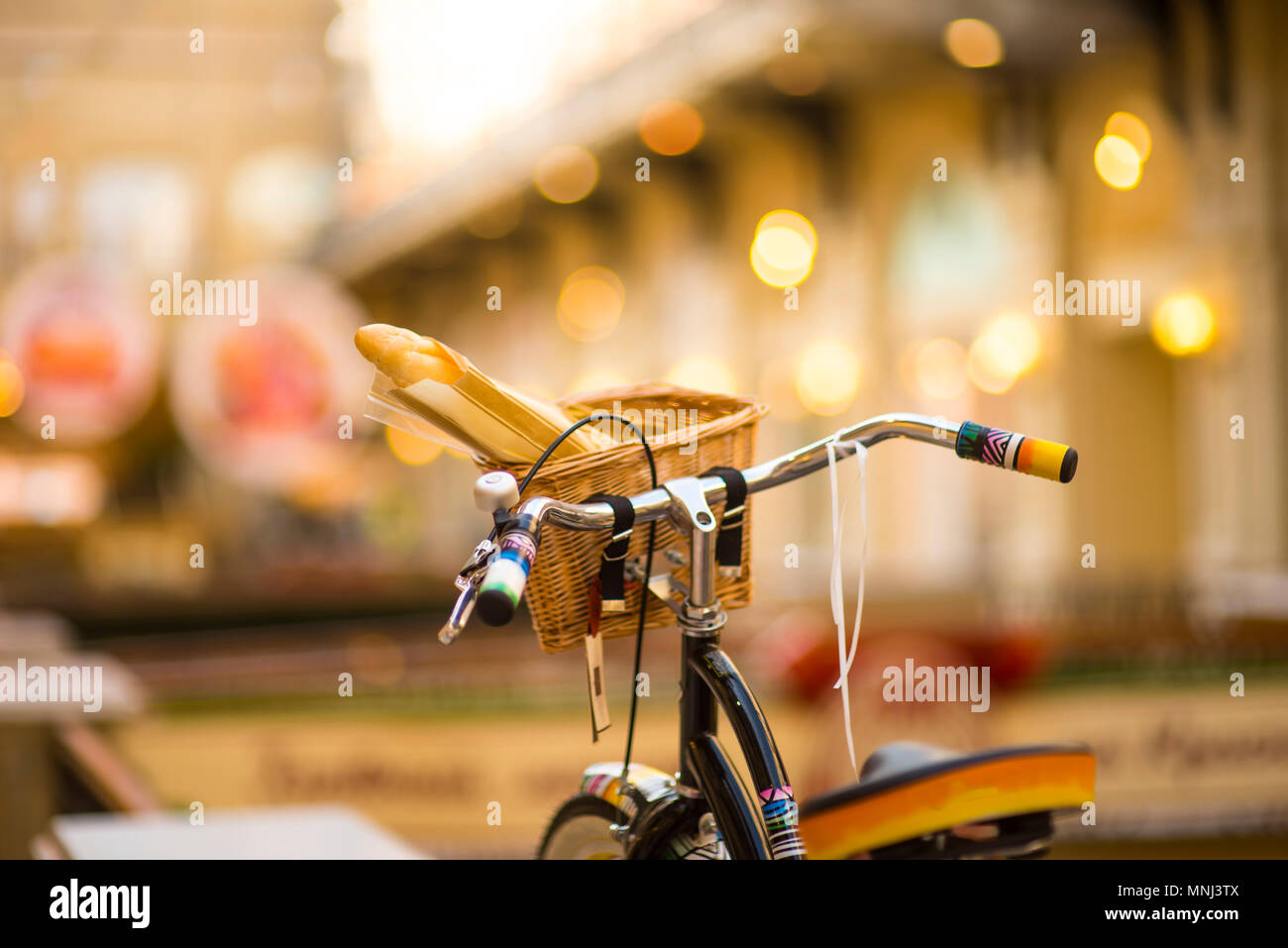 bread in delivery basket on bicycle . selective focus Stock Photo