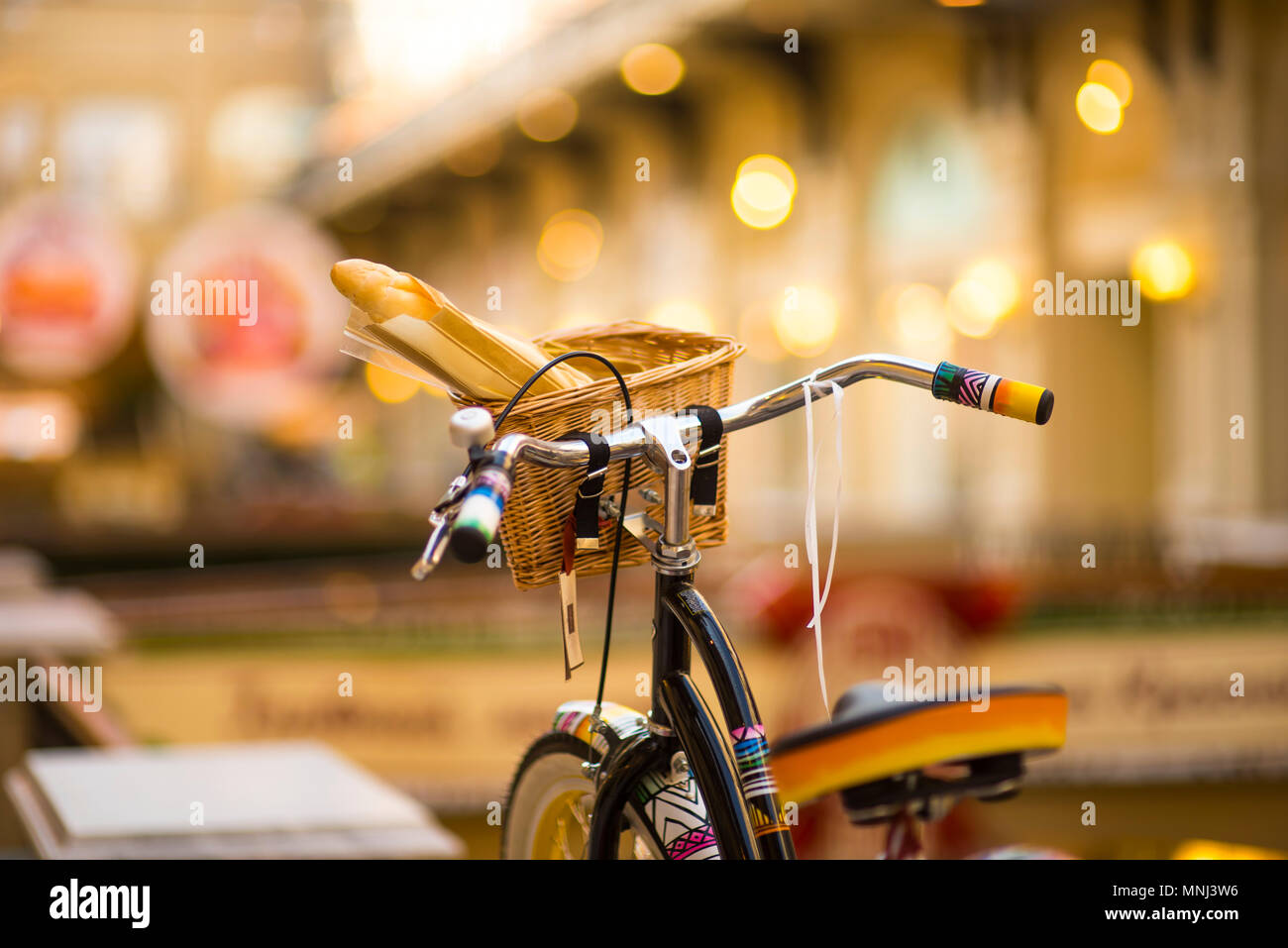 bread in delivery basket on bicycle . selective focus Stock Photo